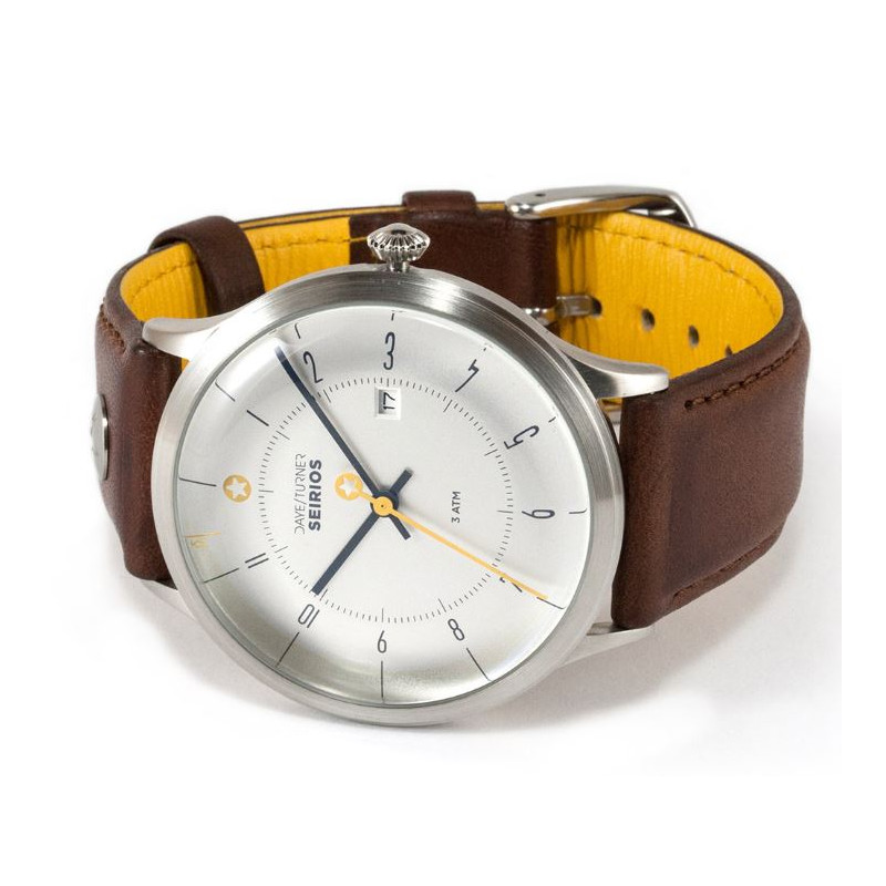 DayeTurner Clock SEIRIOS men's silver analogue watch - dark brown leather strap