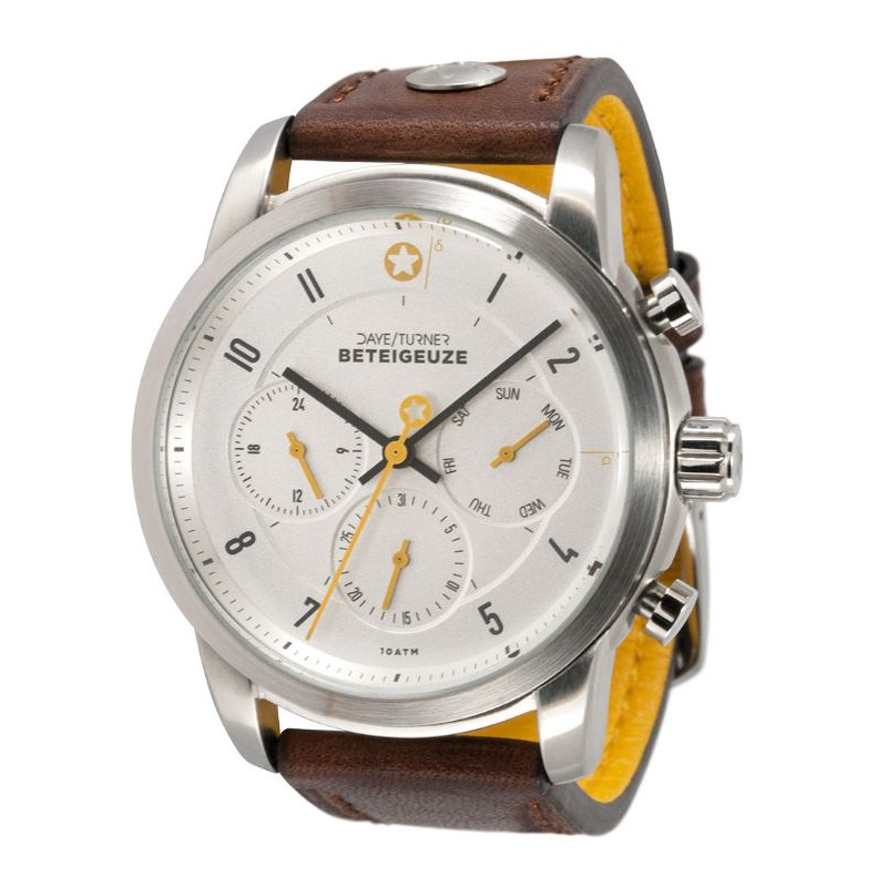DayeTurner Clock BETELGEUZE men's analogue silver watch - dark brown leather strap