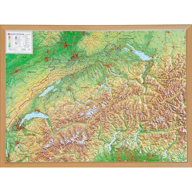 Georelief Large 3D relief map of Switzerland in wooden frame (in German)