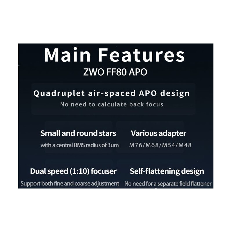 ZWO Apochromatic refractor FF80 AP 80/600 Quadruplet OTA