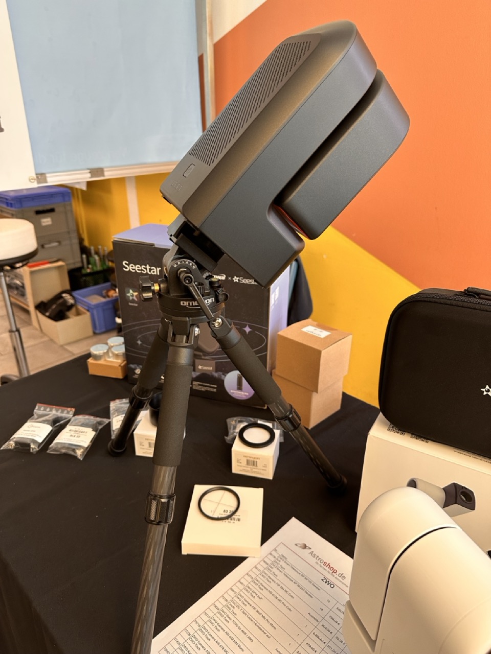 The ZWO Seestar S50 set up in a parallactic configuration