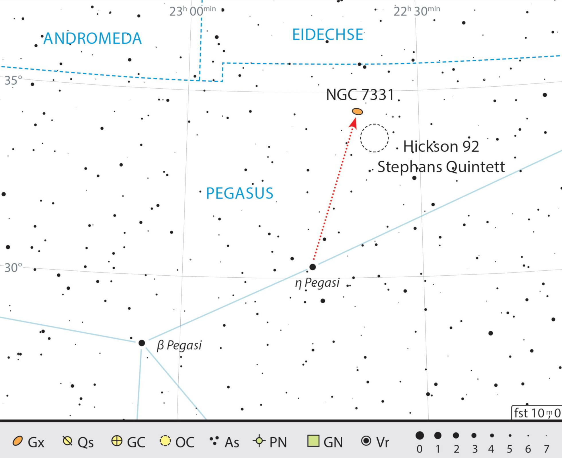 Finding chart for NGC 7331, together with the galaxy group Hickson 92 located to the south-west. J. Scholten