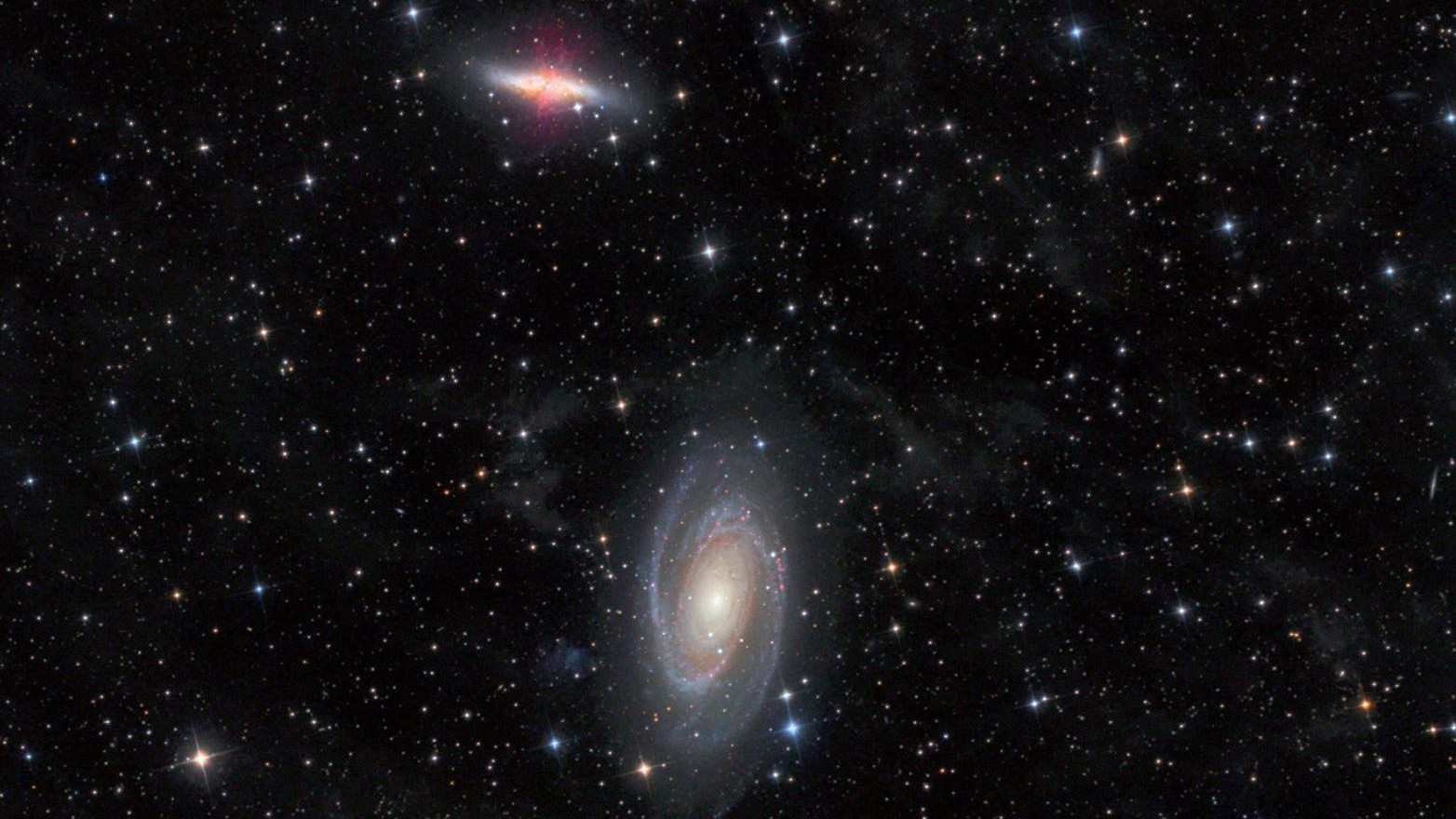 Galaxies M81 and M82 in the the constellation of Ursa Major captured with a 4.5-inch Newtonian telescope with a focal length of 440 mm. Michael Deger / CCD Guide