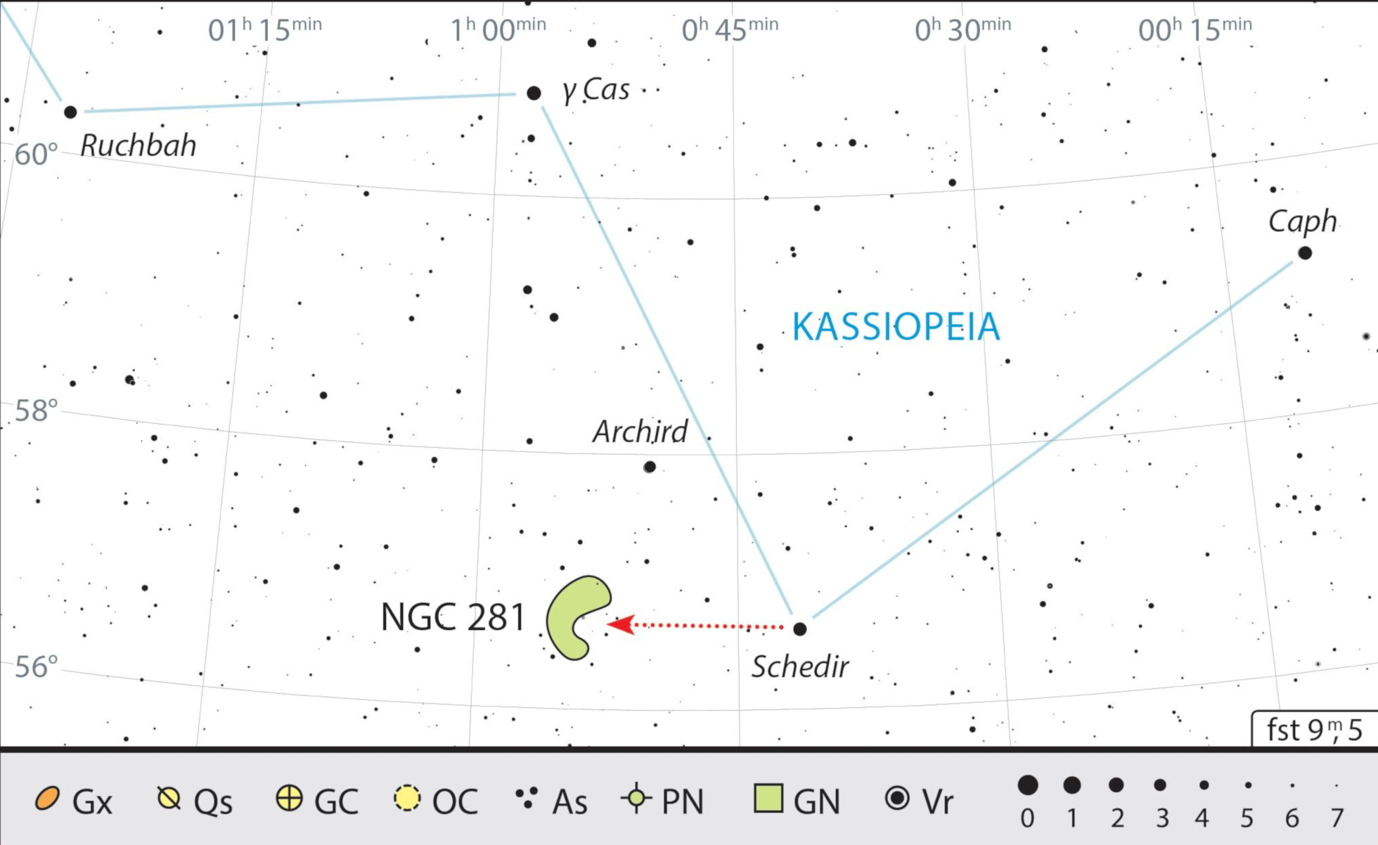 The Pacman Nebula is located very close to α Cas (Shedar), Cassiopeia's brightest star. J. Scholten