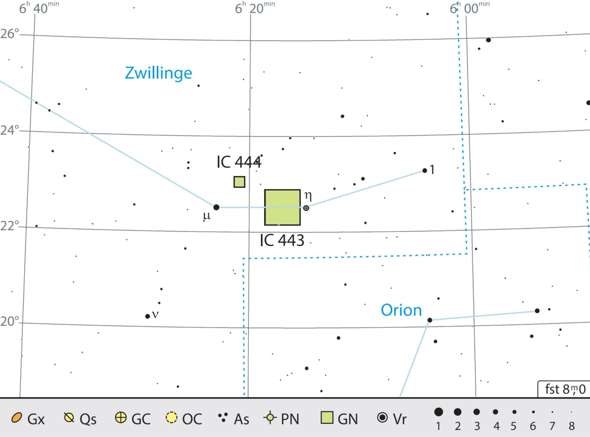 IC 443 is easy to find between the stars μ and η Gem in the constellation of Gemini. J. Scholten