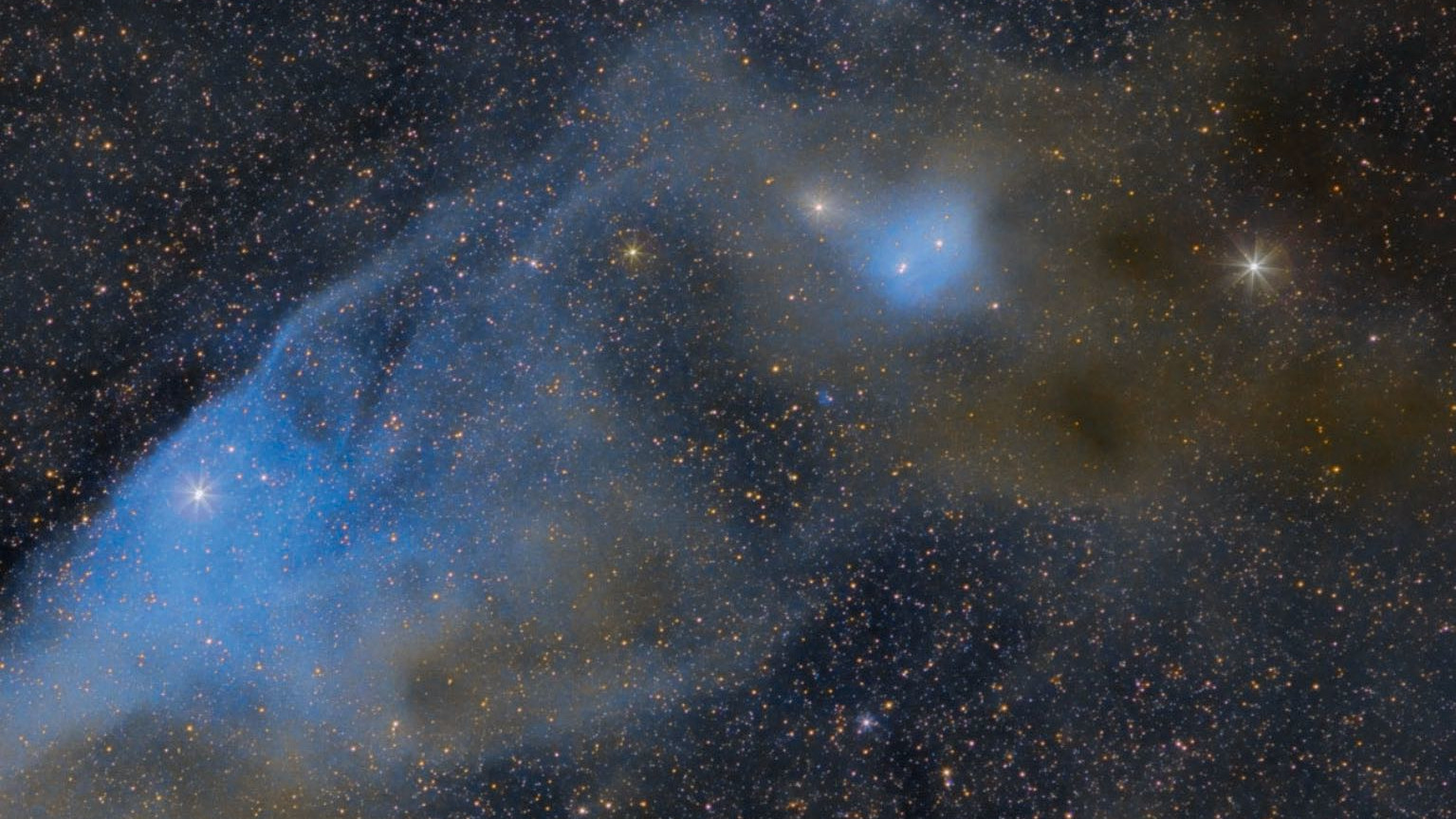 The Blue Horsehead Nebula IC 4592 in Scorpius (north
is at the bottom). The star ν Scorpii is located on the bridge of the nose and provides the bluish colour. Below the horse’s ears you can see the equally bluish nebula IC 4601. Scott Rosen