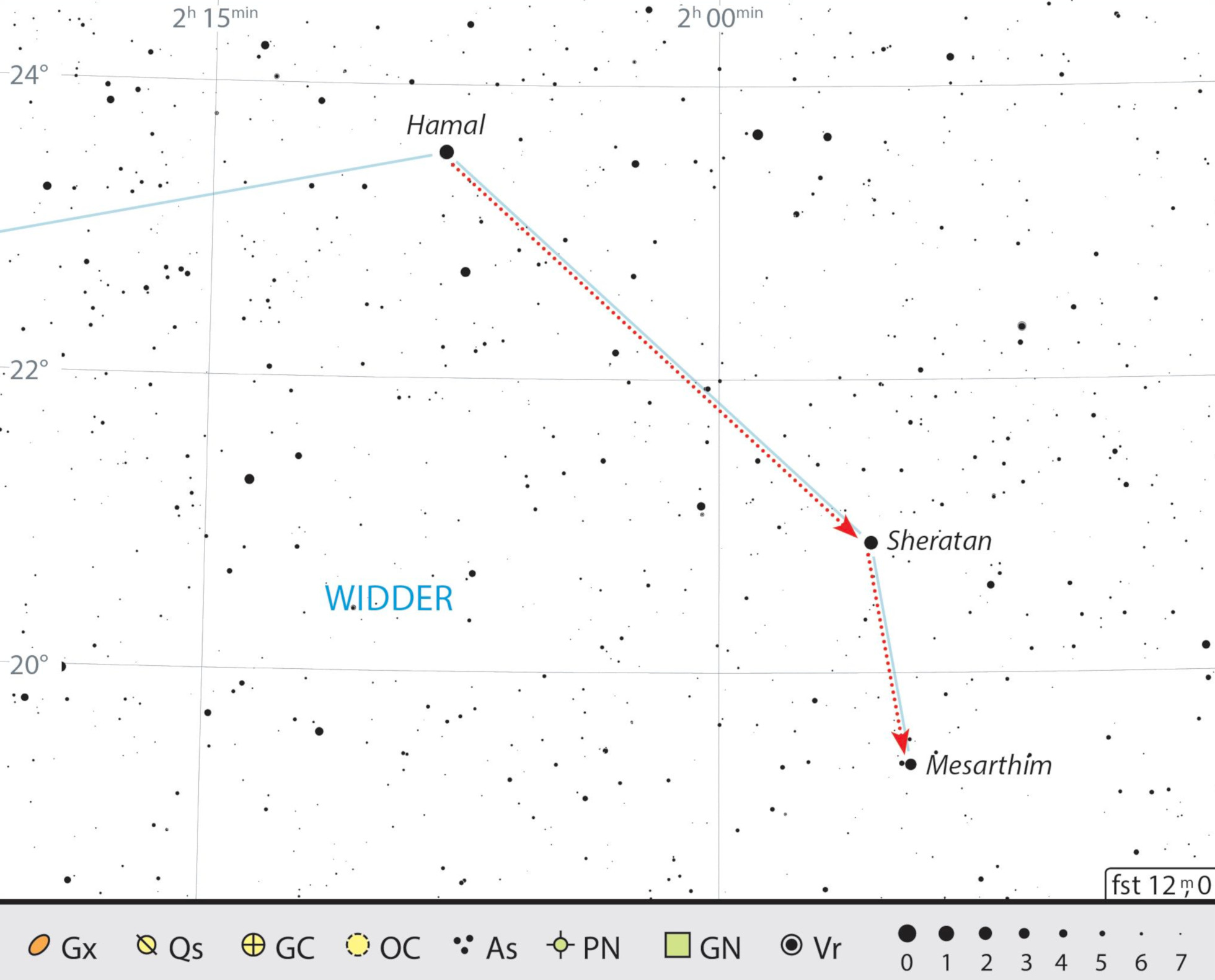 Finding chart for Mesarthim in the constellation of Aries. J. Scholten