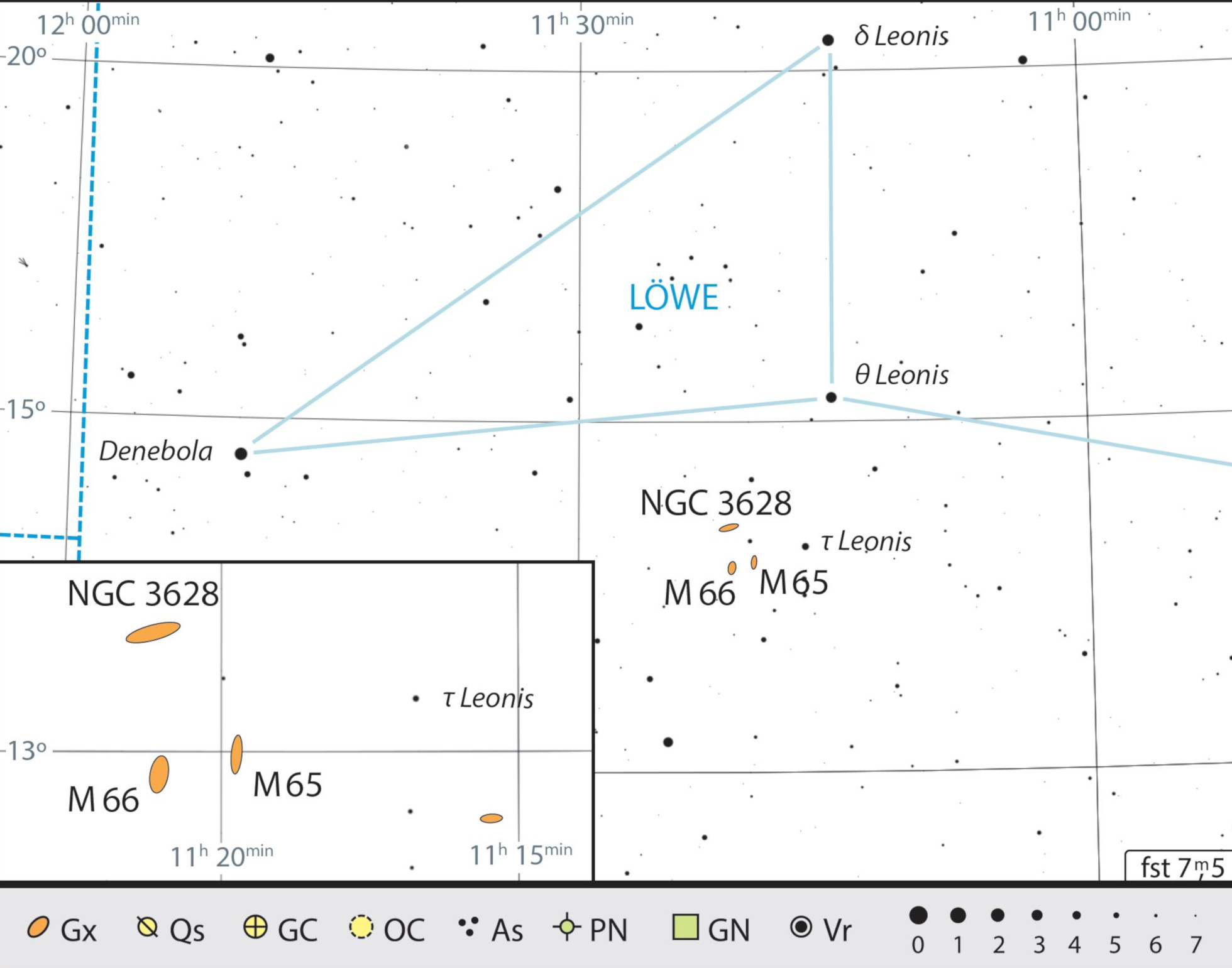 From τ Leonis, M 5 and M66 are only a few telescope fields of view distant. J. Scholten