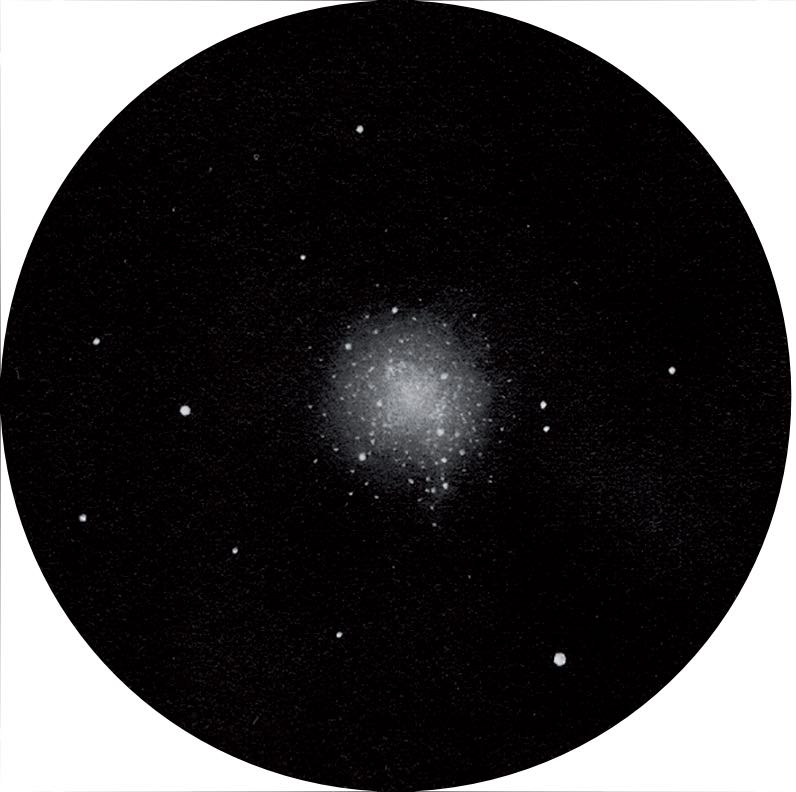 Drawing of globular cluster
M10 through a 4 inch Newtonian telescope with
48 times magnification. Peter Kiss