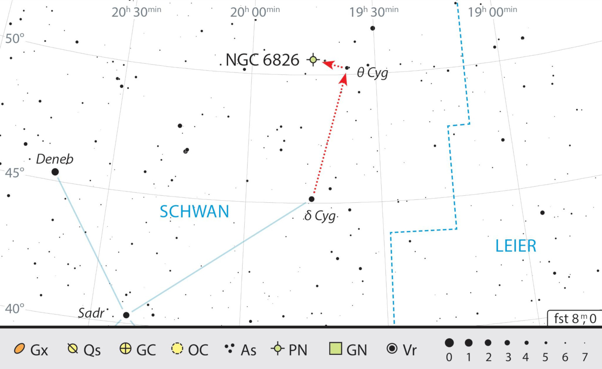 NGC 6826 can be found via the stars δ Cygni and θ Cygni. J. Scholten