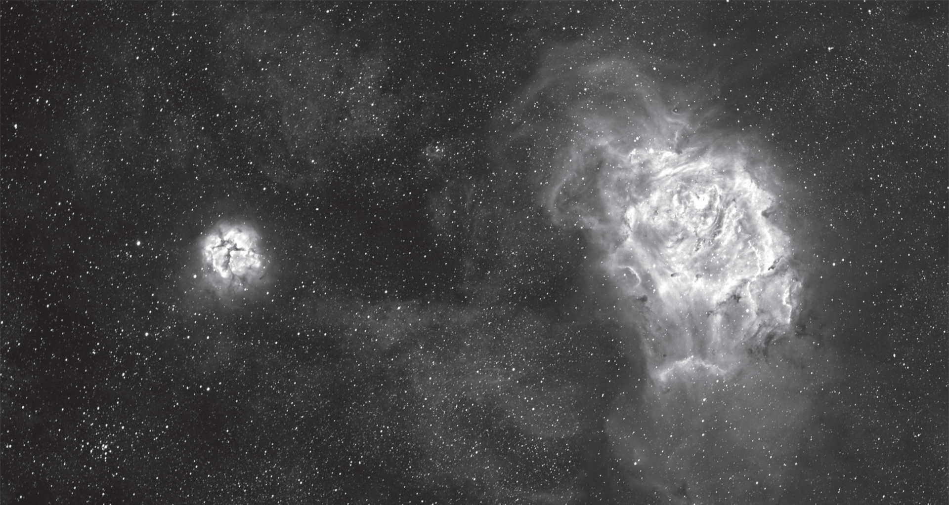 The Lagoon Nebula and the Trifid Nebula (M 8 and M 20) in the constellation of Sagittarius. Composite picture of six images with an exposure time of 1 minute each, six with an exposure time of 15 minutes each and two with an exposure time of 60 minutes each. Camera:SBIG STF-8300, Hα filter with 35 nm bandpass, telescope: 130 mm refractor with 1,000 mm focal length. U. Dittler