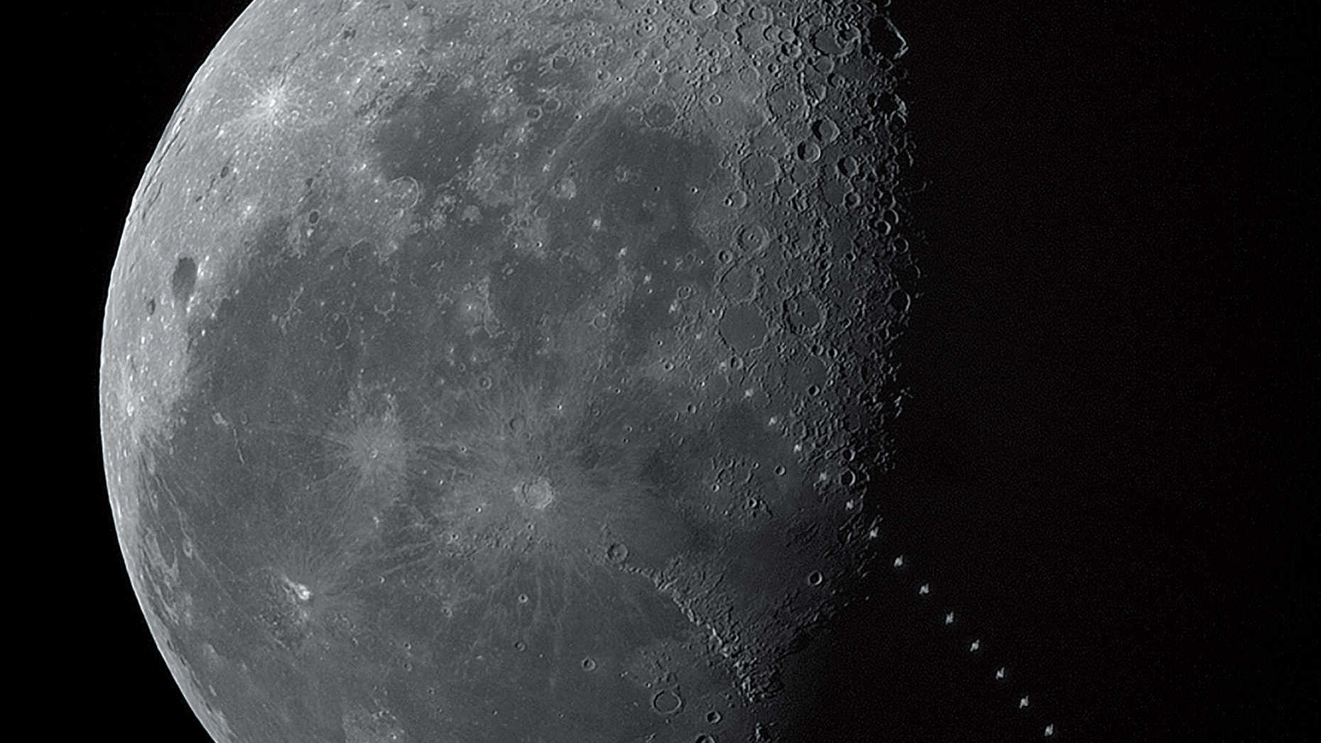 In the early morning hours of 17.5.2017, on a clear early summer morning, the transit of the International Space Station (ISS) in front of the waning Moon over Todtnau in the southern Black Forest was captured: the transit took place at 8:05:49 CEST, when the Moon was 19.4 degrees above the SSW horizon. The distance between the magnitude 2.3 ISS and the observation site was 1,016.7km, so the transit took 1.2 seconds and the space station seemed relatively small. The picture is a composite of 51 images. U. Dittler