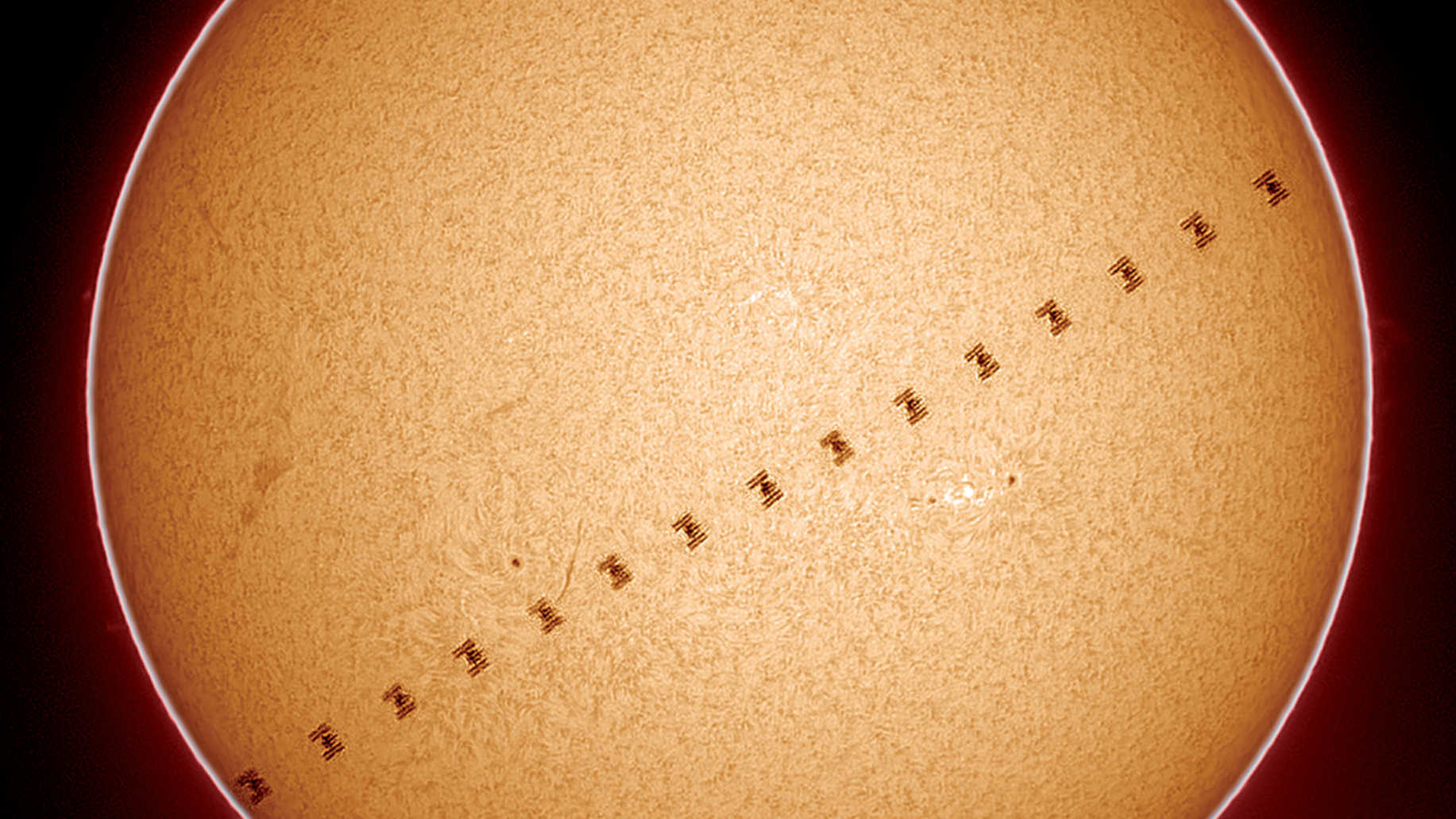 The transit of the International Space Station ISS, captured here in Hα light, took place on 17.6.2017 at 18:57:03, when the sun stood 64.7 degrees above the horizon in the southern sky. The distance between the ISS and the observation site was 451.6 kilometres, so the transit took just 0.6 seconds and the space station appeared to be comparatively large. The picture was taken with a Coronado Solarmax60, other equipment as shown in the third illustration. The picture is a composite of 16 images. U. Dittler