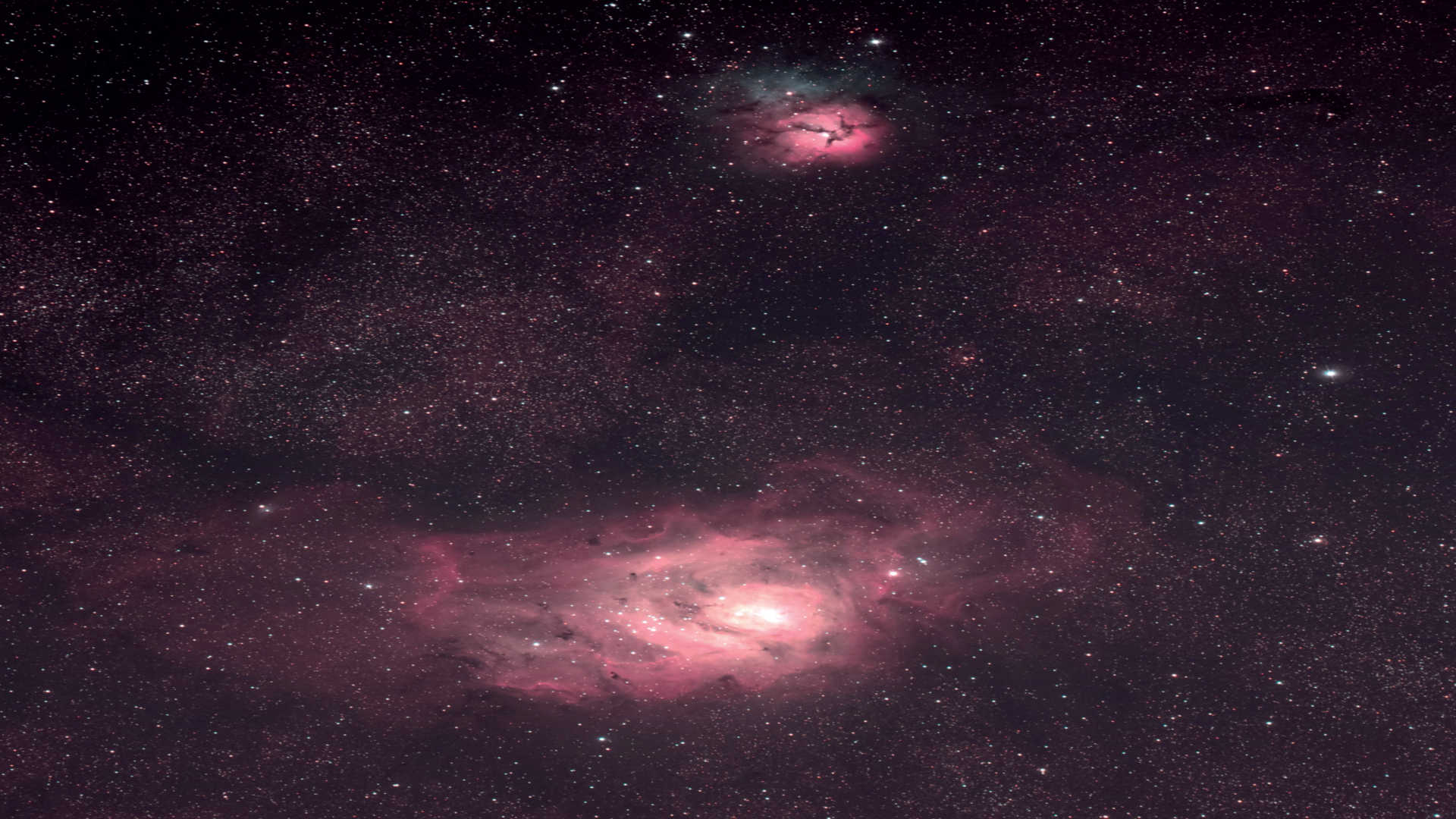 The Lagoon Nebula (Messier 8) together with the Trifid Nebula (Messier 20). The image was captured with an astrograph on an equatorial mount. The composite picture consists of eight images, each with an exposure time of 450 seconds.