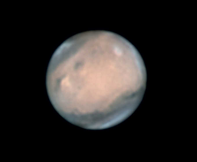 Picture of the planet Mars, taken on 20.5.2016 with a 10 inch Newtonian telescope, Barlow and ZWO ADC at f=4,800mm. Captured with an ASI120M camera with RGB filters. Composite picture of 5,000 from 11,000 images. Volker Heinz
