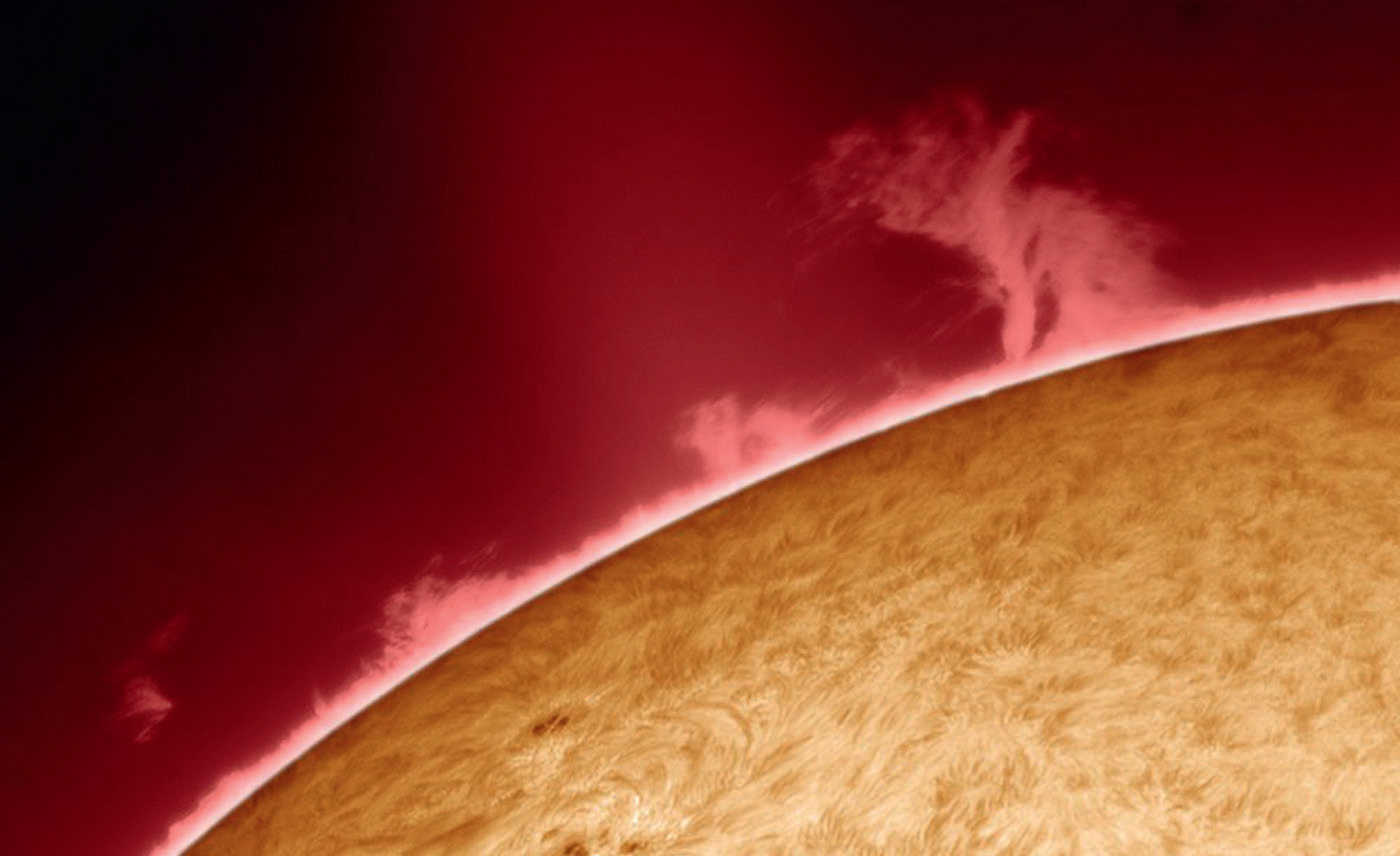 Prominences in Hα light. Created with a Coronado Solarmax90 filter on a refractor with 2000mm focal length, aperture: 90mm; uncooled CCD camera; 500 of 2500 frames processed in AviStack2 and Photoshop. U. Dittler