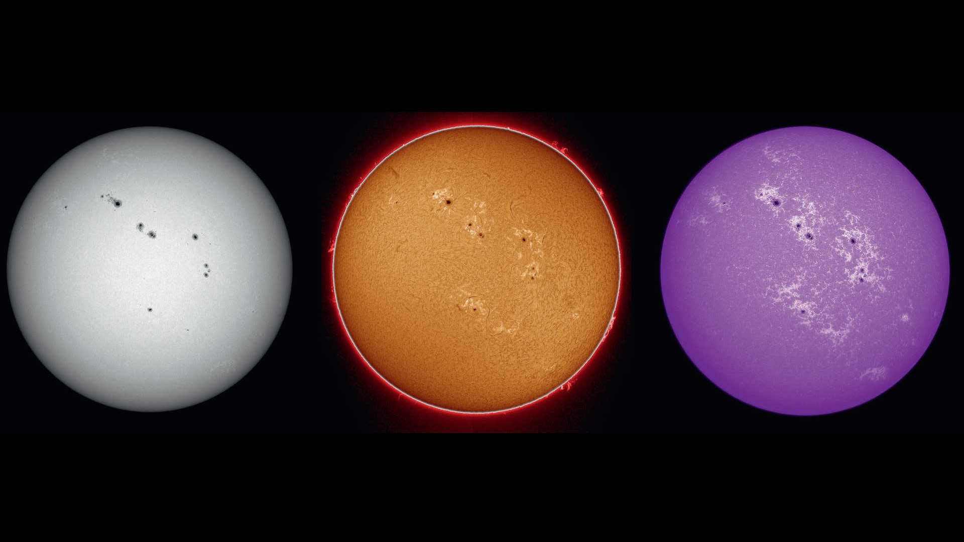 Views of the Sun in white light, in Hα light and in Ca-K light. An uncooled CCD camera together with a short focal length telescope with a 60mm aperture and 600mm focal length was used to create these images using a foil filter, a Hα filter and a Ca-K filter. Combination of composite images, each created from 500 images from a 2,500 image capture sequence. U. Dittler