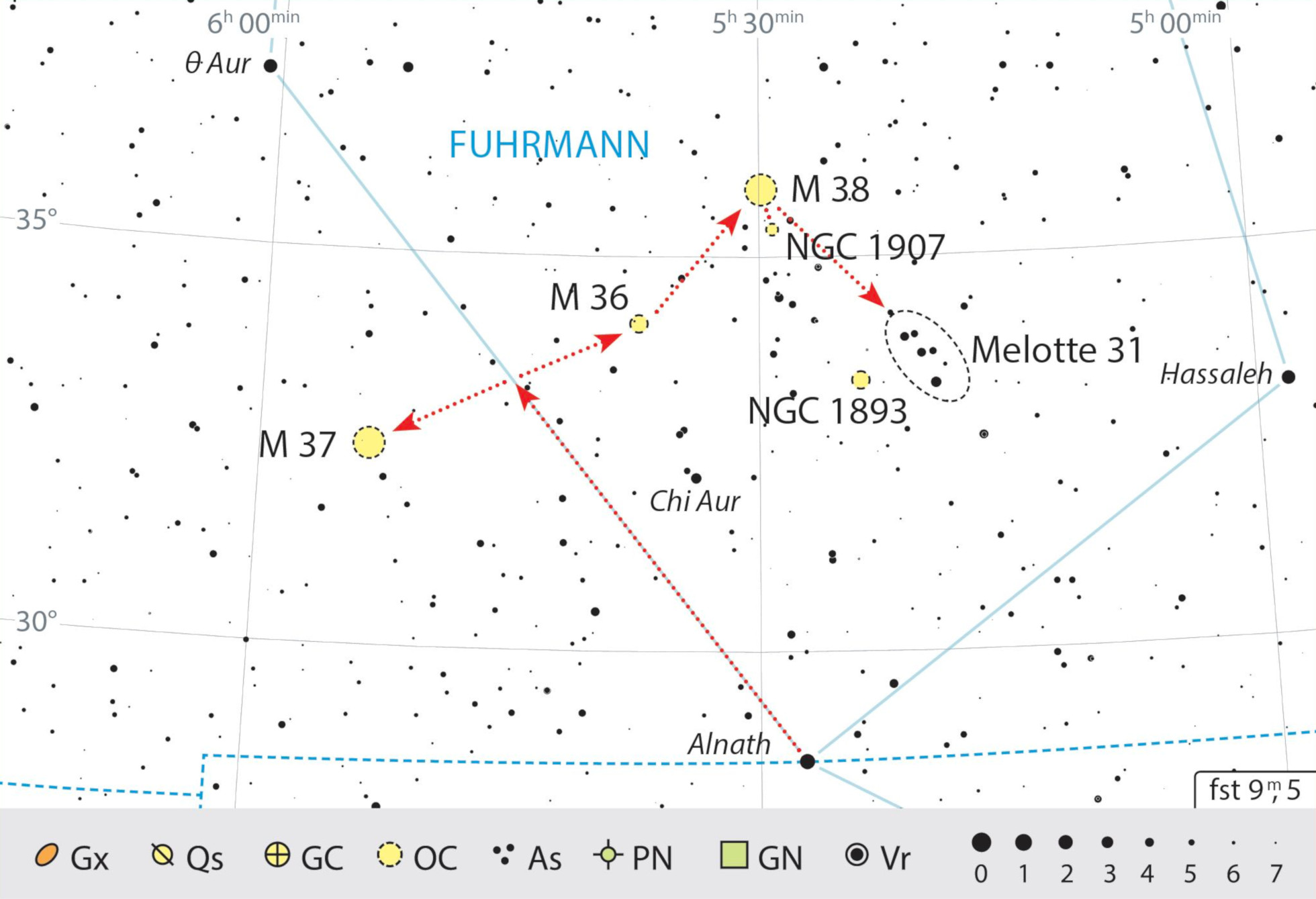 There are some interesting star clusters close together in the south of the constellation of Auriga, which can also be explored with binoculars. J. Scholten