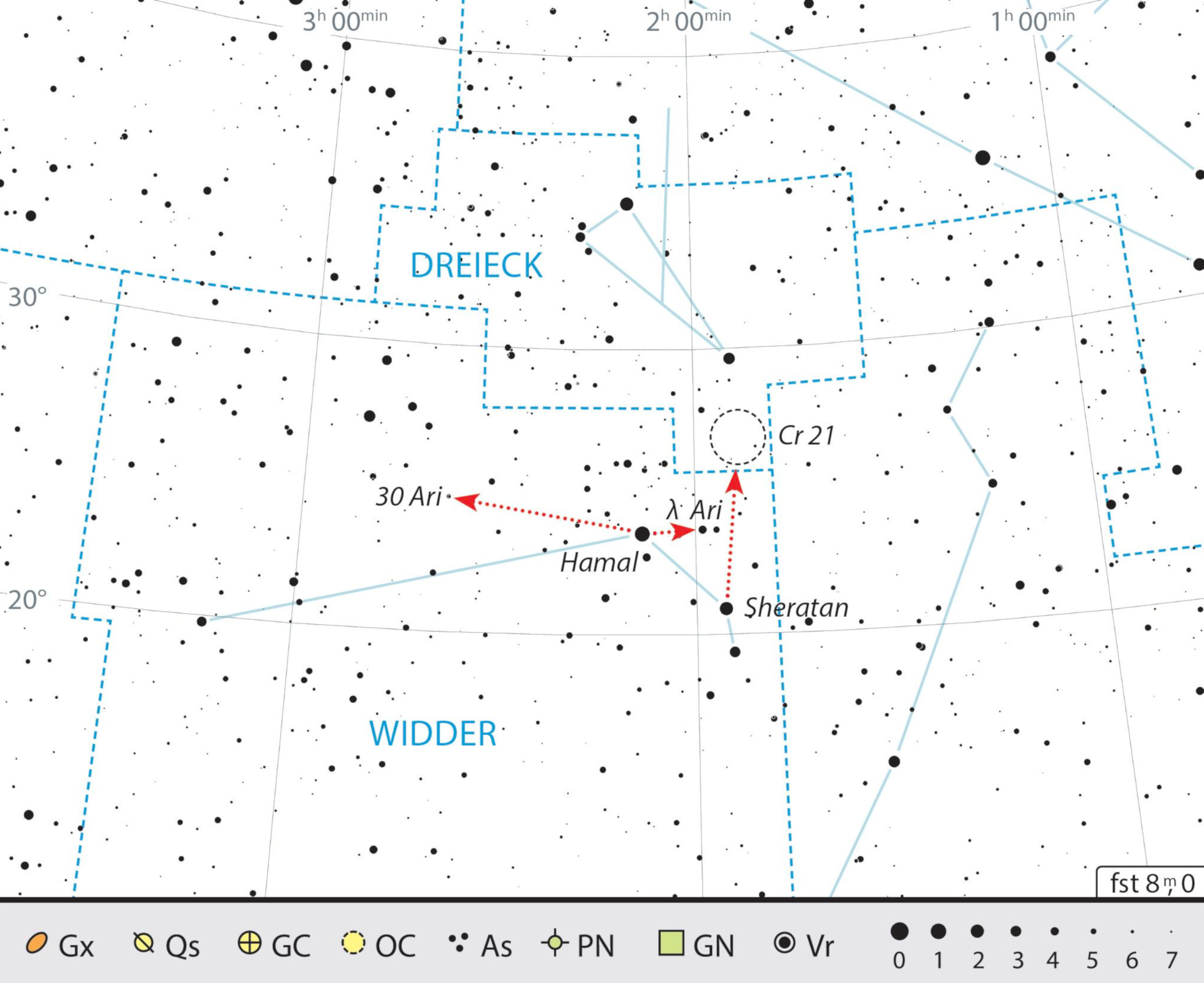 The objects on this binoculars tour, which leads not only through the constellation of Aries, but also into the constellation of Triangulum. J. Scholten