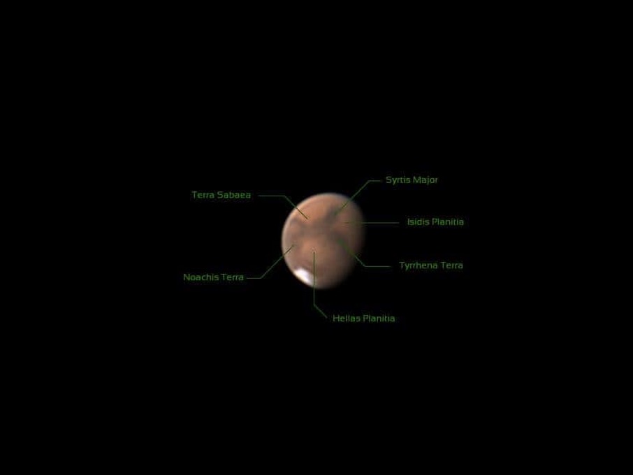 Mars image taken with an 8" SC, ZWO ASI 224MC, ADC - with very good seeing in August 2020 (Photo by J. Bates, Berlin)