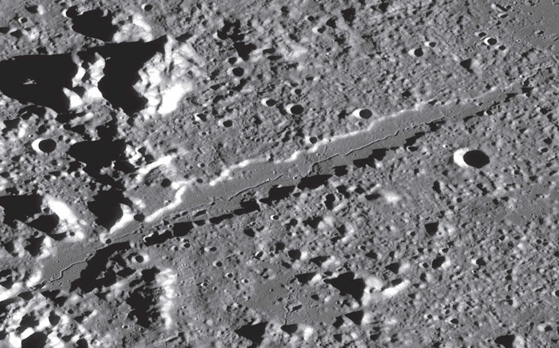 Detailed view of Vallis Alpes. The rille in Vallis Alpes is just 550 m wide and very difficult to observe. NASA/GSFC/Arizona State University