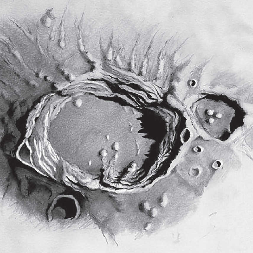 Sketch of Aristoteles and Mitchell as seen through a telescope with 400 mm aperture, 385× magnification. An enormous amount of detail can be seen with a telescope of this aperture. Serge Vieillard