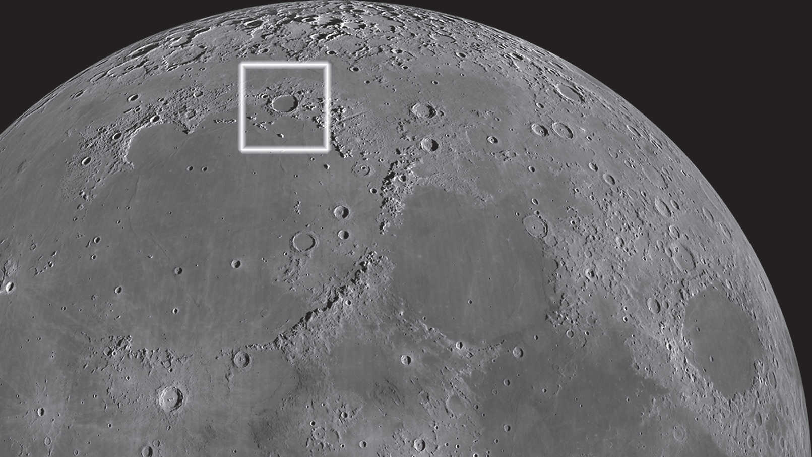 Plato, the dark impact crater, lies at the northern edge of Mare Imbrium. NASA/GSFC/Arizona State University