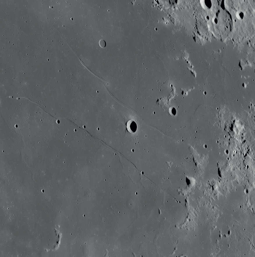 The two lunar domes Omega Cauchy and Tau Cauchy lie around 50 km south of Rupes Cauchy. NASA/GSFC/Arizona State University