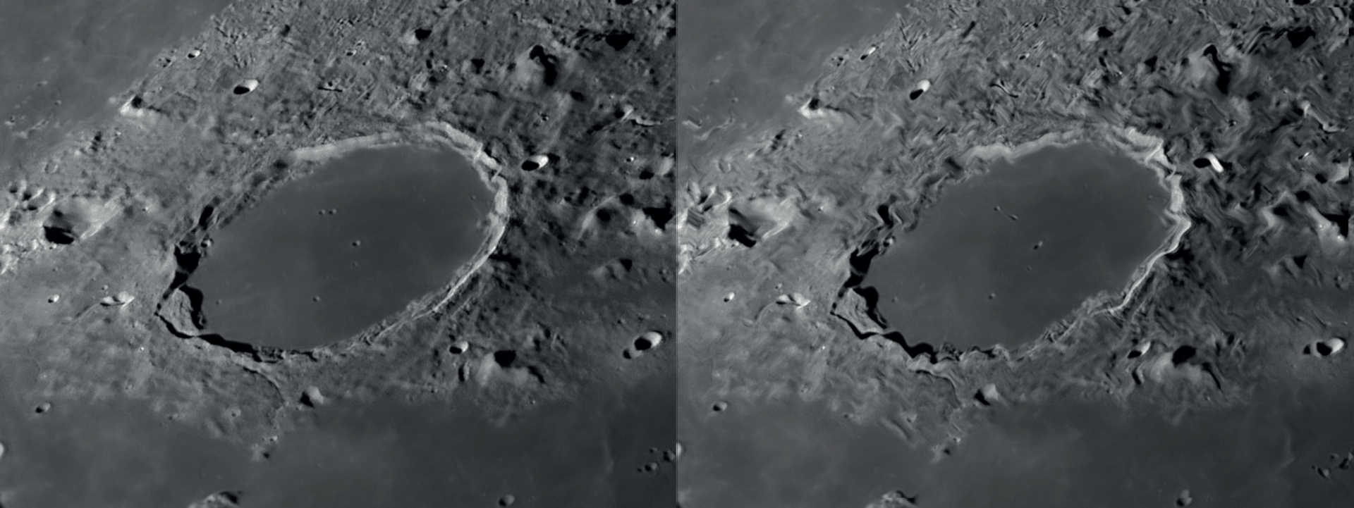 If the seeing is good, detail recognition is excellent when observing the Moon and planets (left). Slowly moving air will cause parts of the image to be distorted, while other areas remain sharp (right). NASA/GSFC/Arizona State University/L. Spix