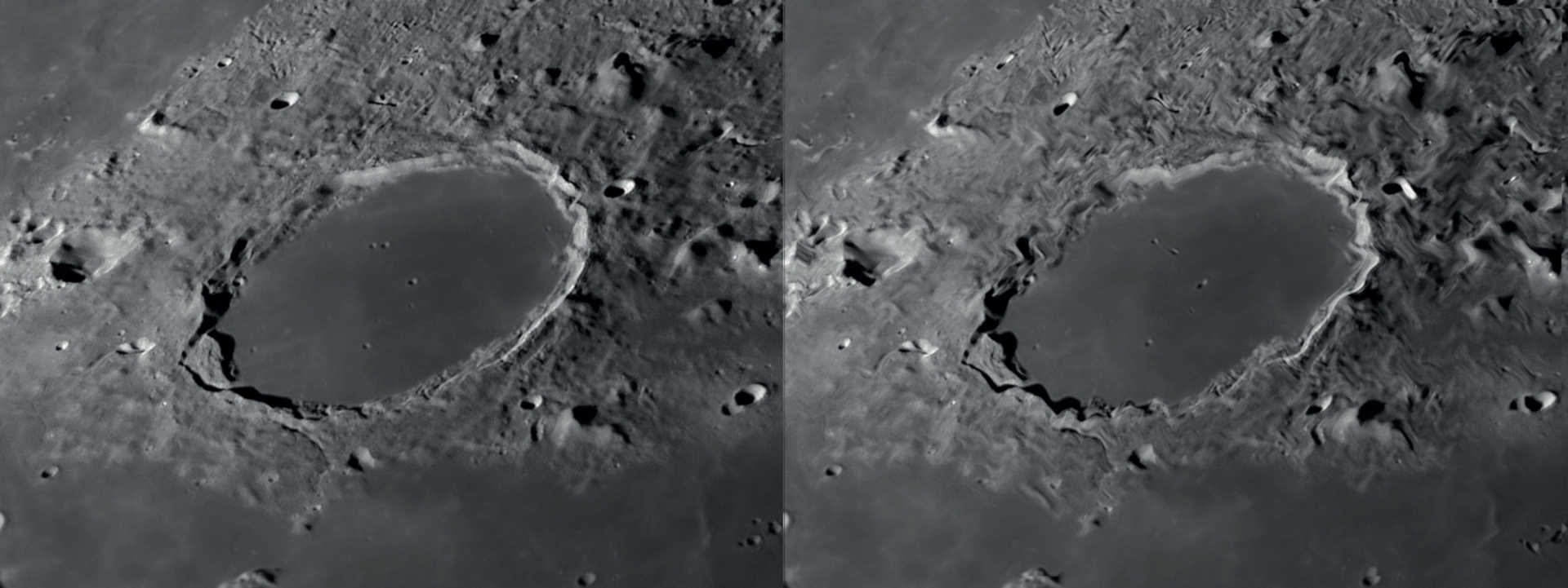 If the seeing is good, detail recognition is excellent when observing the Moon and planets (left). Slowly moving air will cause parts of the image to be distorted, while other areas remain sharp (right). NASA/GSFC/Arizona State University/L. Spix