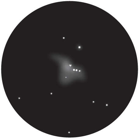 Illustration of the Orion nebula M 42 in a telescope with a 60mm aperture, 50x magnification. L. Spix
