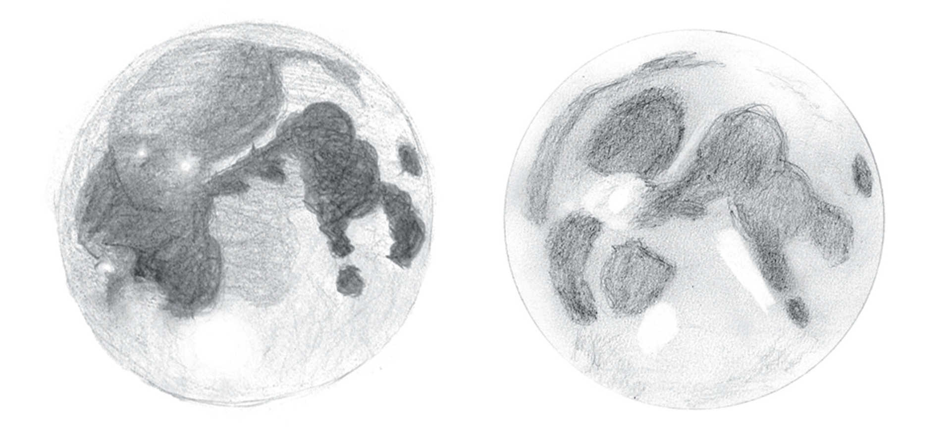 Two drawings of the full Moon as seen with the naked eye. The Tycho ray system is visible as a brighter area with the naked eye. You should also be able to identify Copernicus and Kepler. Lambert Spix, Kay Hempel