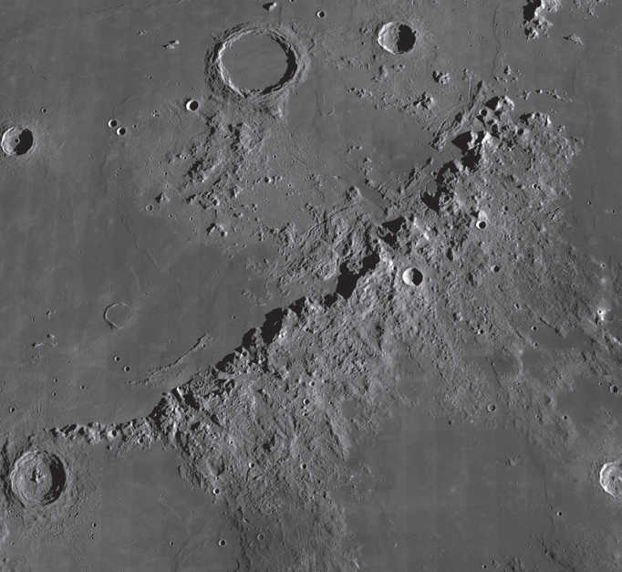 The largest mountain range of the entire near side of the Moon are the Montes Appenius. NASA/GSFC/Arizona State University