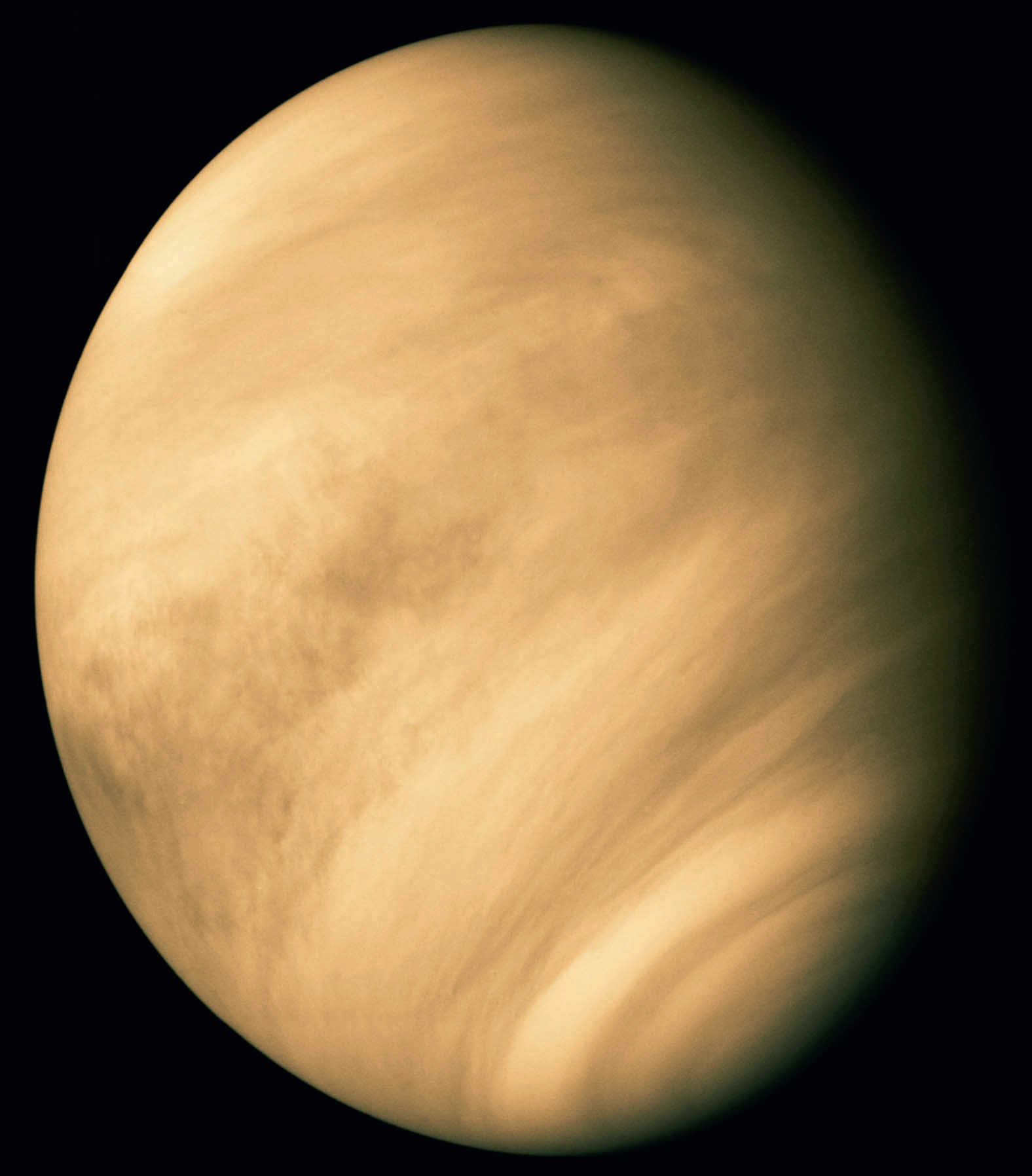 Venus as seen by the American space probe Mariner 10 in February 1974. The cloud structures are not visible in this detail from Earth. Calvin J. Hamilton