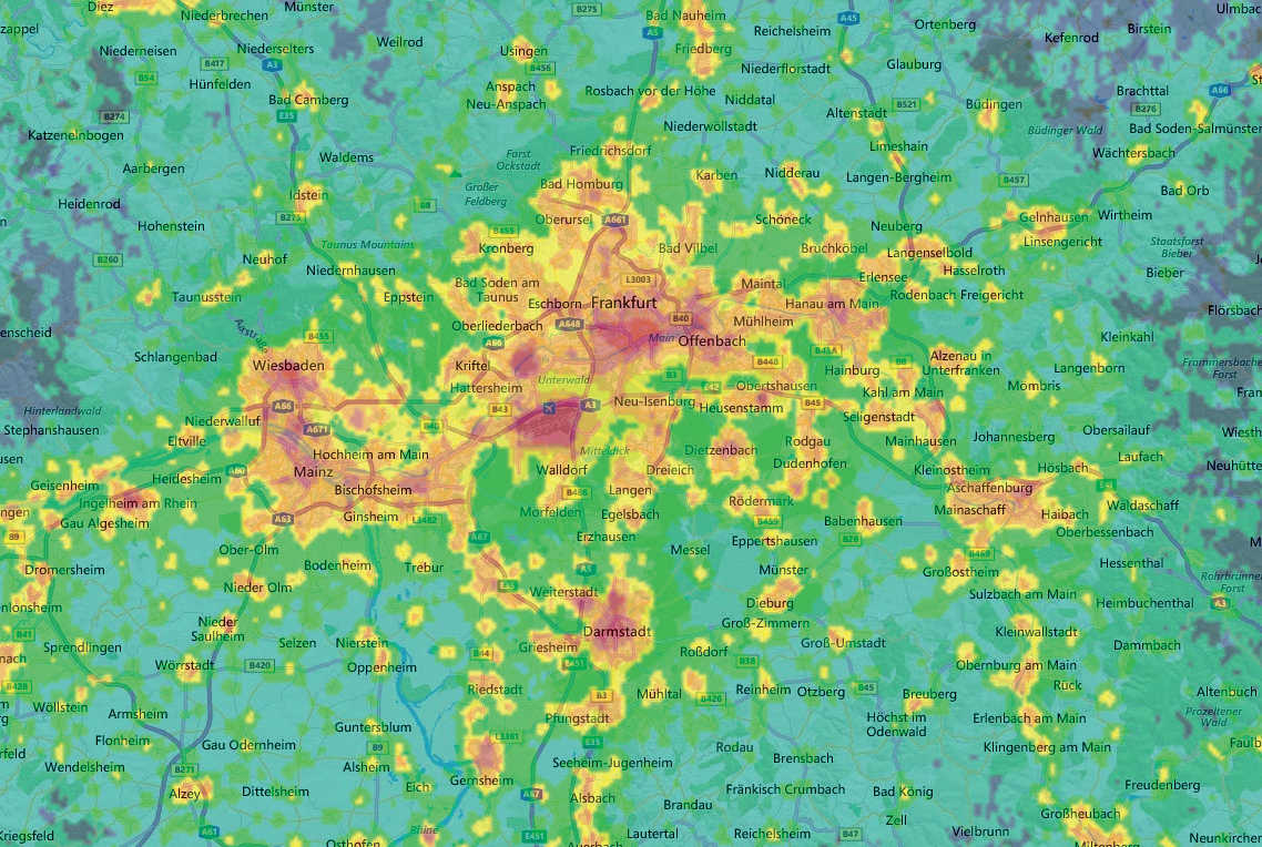 Excerpt from a light pollution map showing the Frankfurt metropolitan area. Jurij Stare, www.lightpollutionmap.info/Earth Observation Group, NOAA National Geophysical Data Center