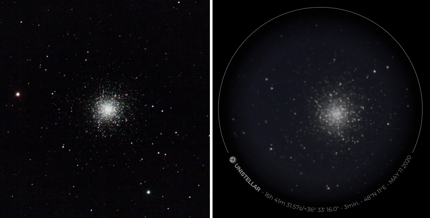 Comparison between the Stellina and eVscope using the M13 globular cluster. Exposure time: Vaonis 25 minutes, Unistellar 3 minutes