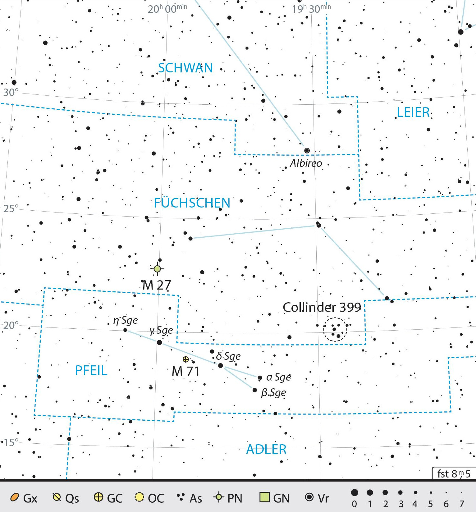 Outline map of the constellations of Sagitta and Vulpecula, with our observing recommendations. J. Scholten