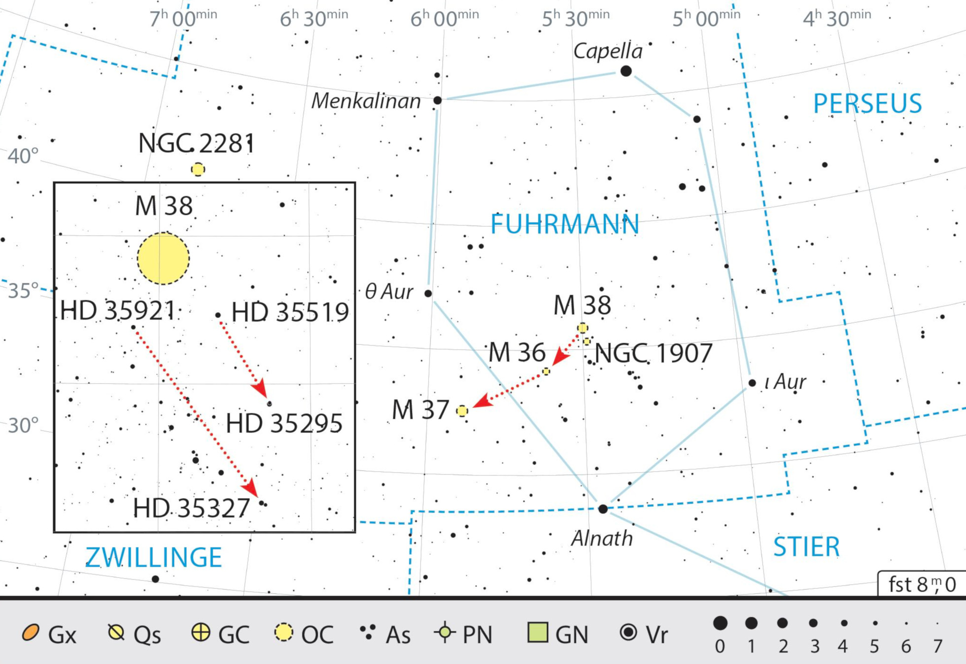 Outline map of the constellation of Auriga with our observing recommendations. J. Scholten