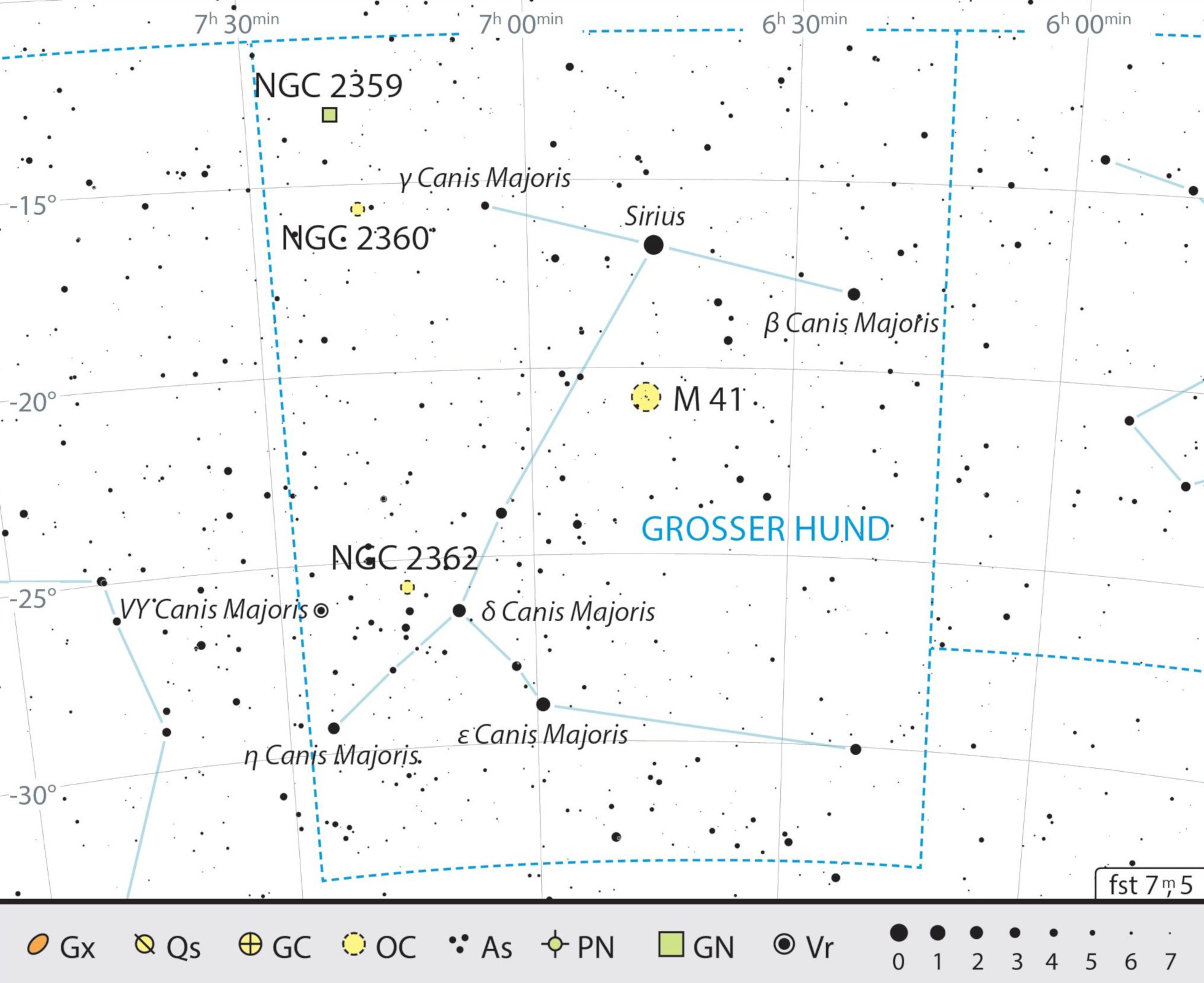 Outline map of the constellation of Canis Major with our observing recommendations. J. Scholten