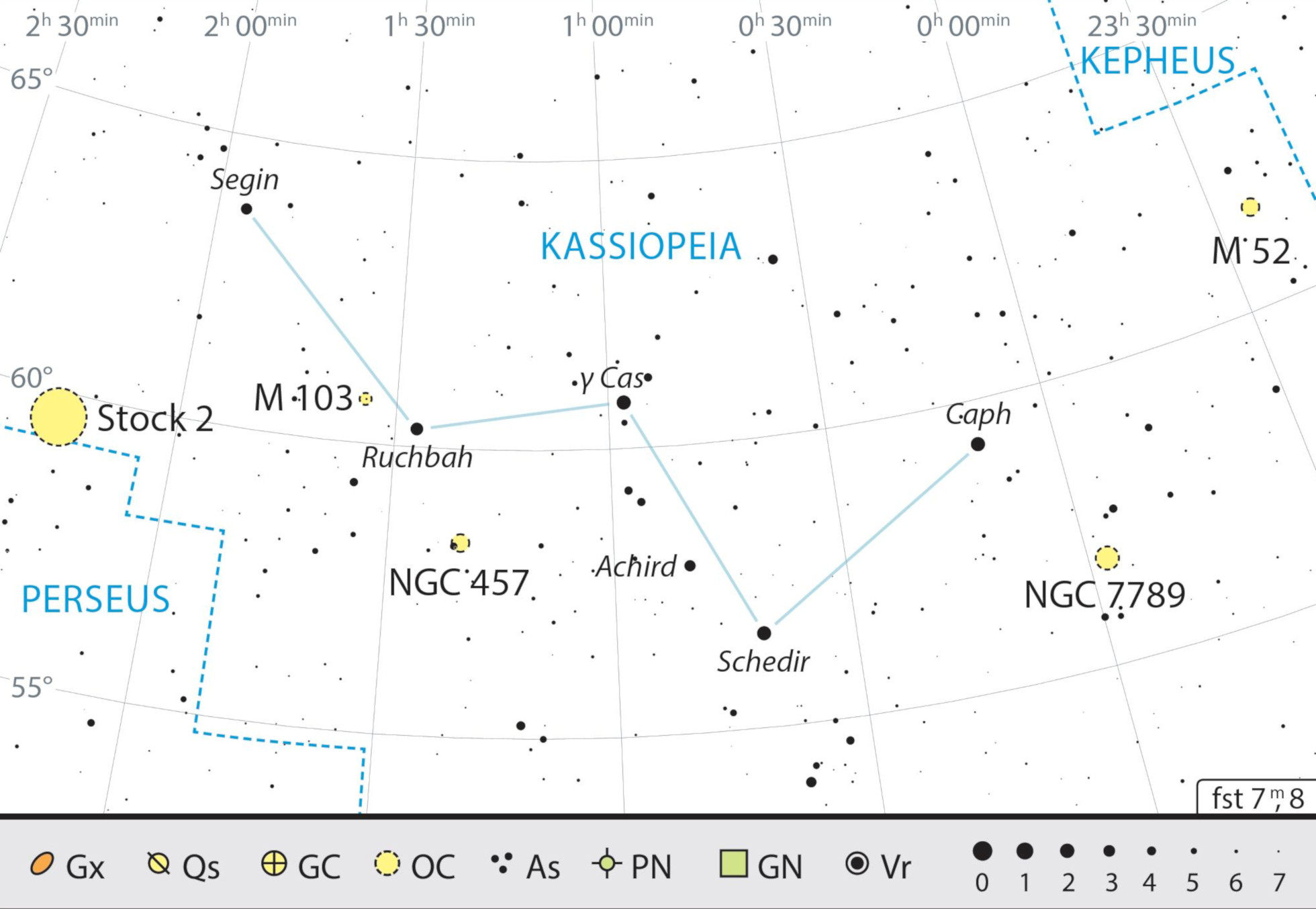 Outline map of the constellation of Cassiopeia with our observing recommendations. J. Scholten
