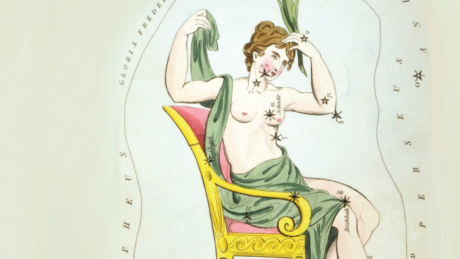 The constellation depicts the vain Queen Cassiopeia on her throne.