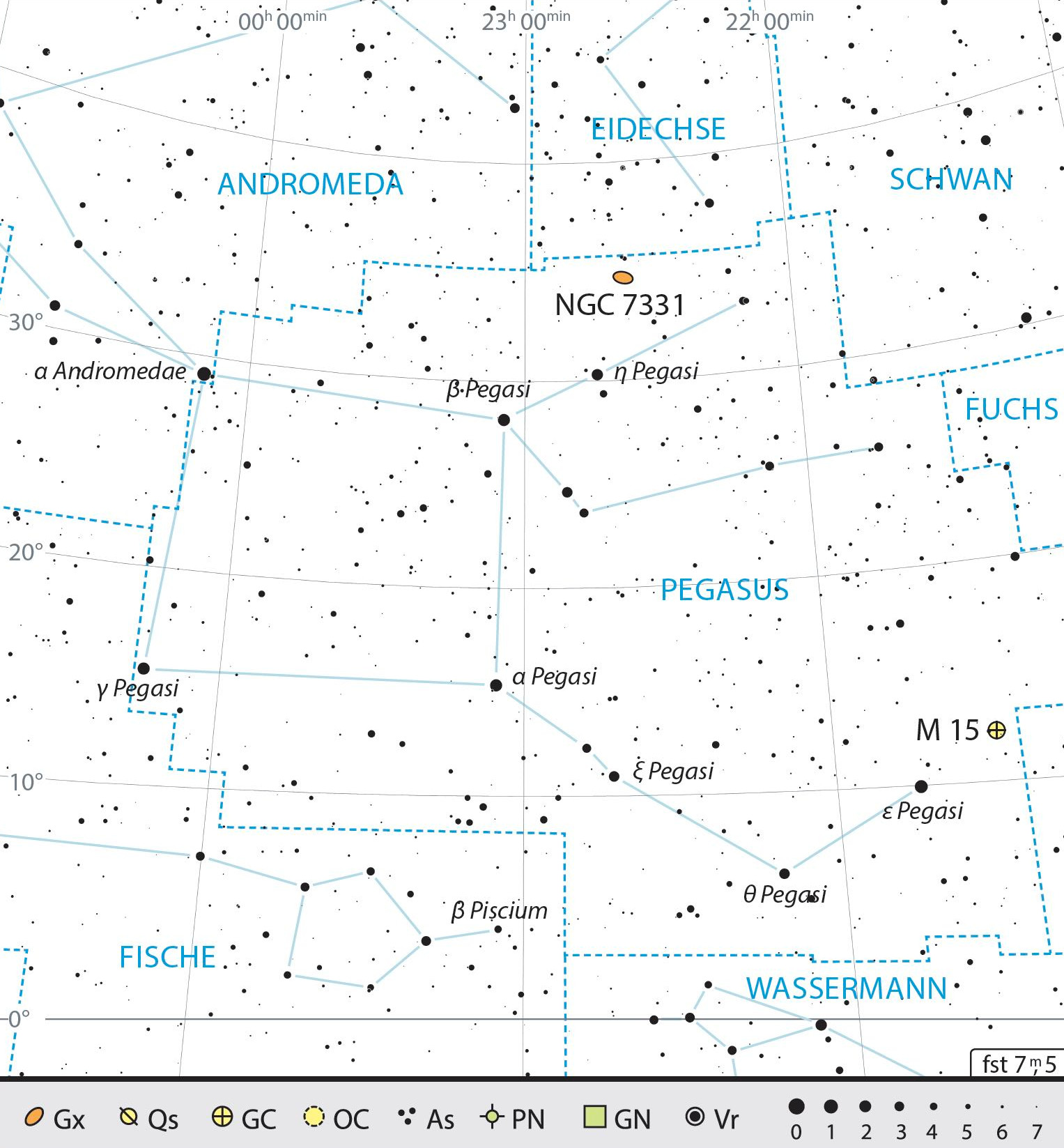 Outline map of the constellation of Pegasus with our observing recommendations. J. Scholten