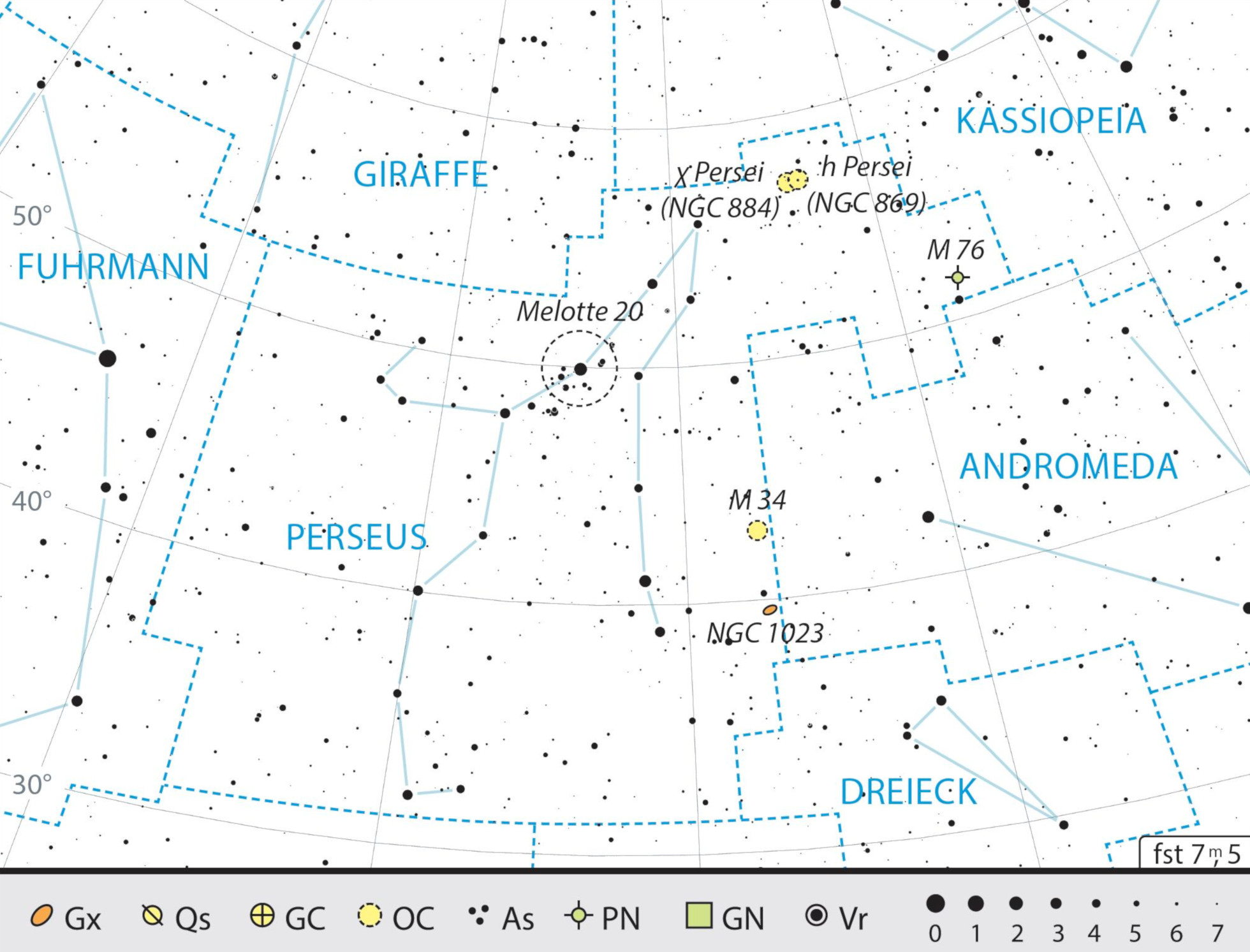 Outline map of the constellation of Perseus with our observing recommendations. J. Scholten