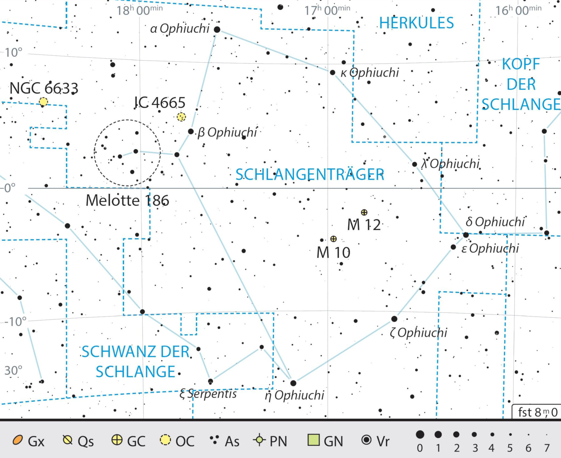 Outline map of the constellation of Ophiuchus with our observing recommendations. J. Scholten