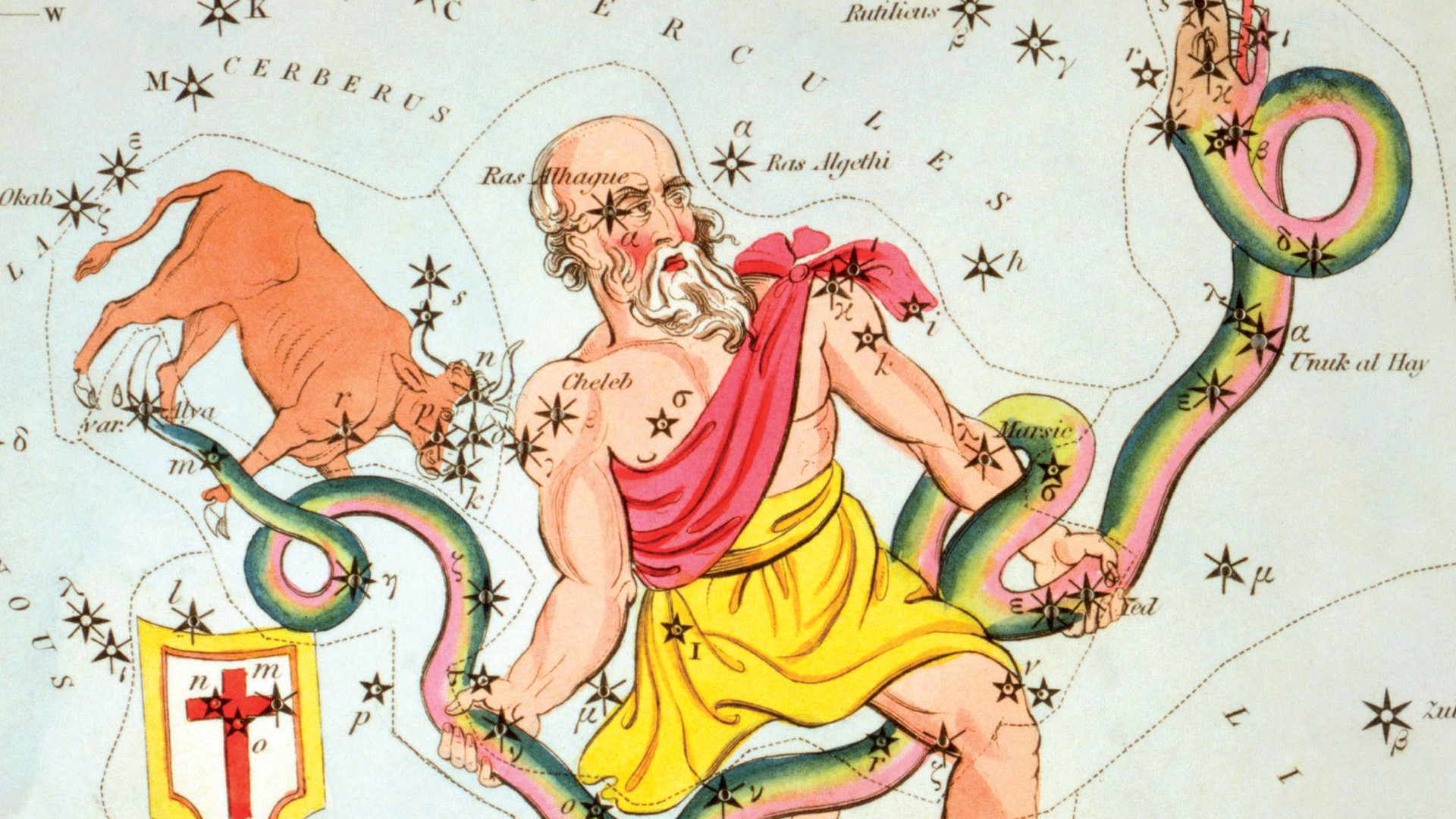 Old depictions show the serpent bearer together with the now lost constellation Taurus Poniatovii (Poniatowski's Bull).