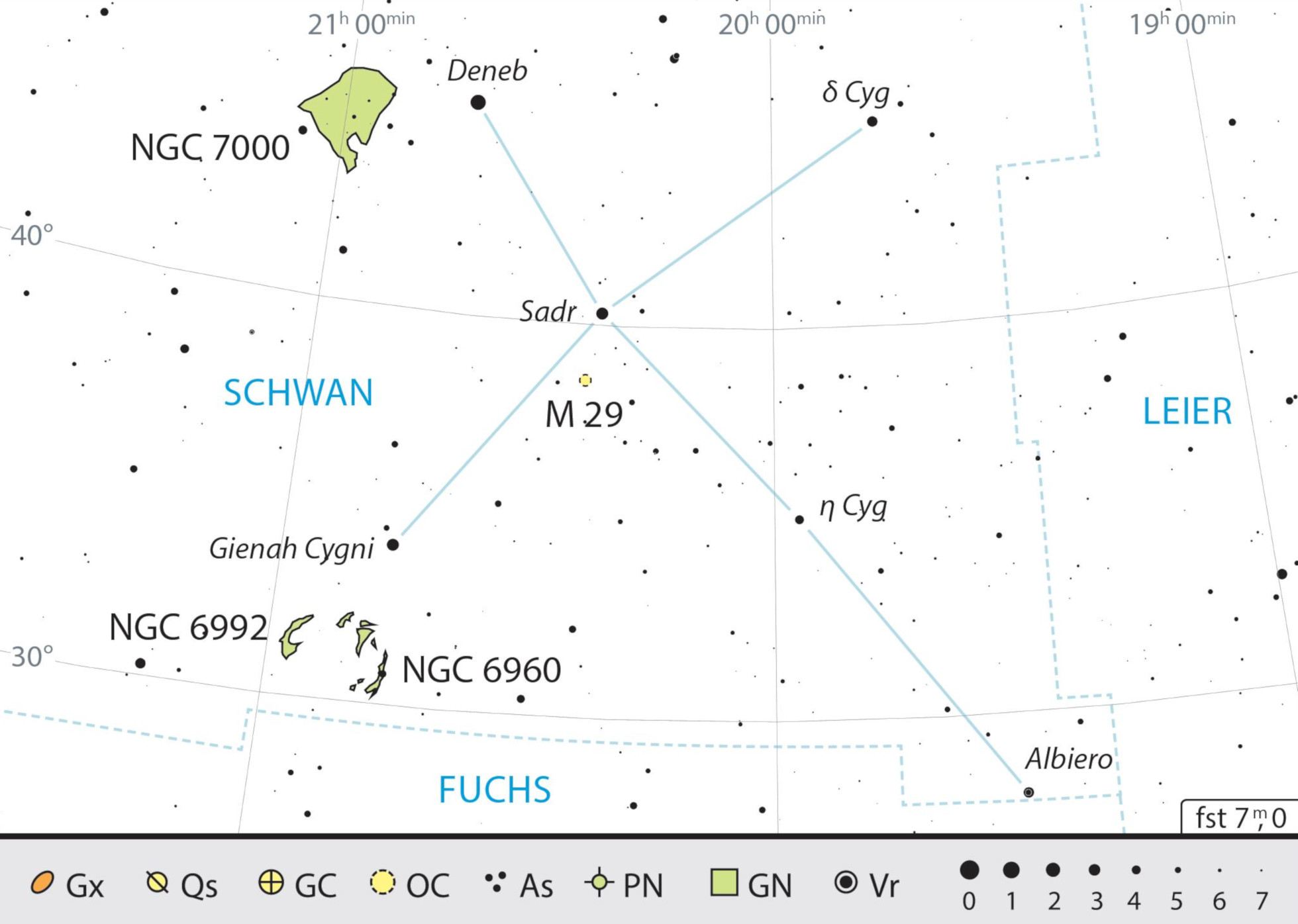 Outline map of the constellation of Cygnus with our observing recommendations. J. Scholten