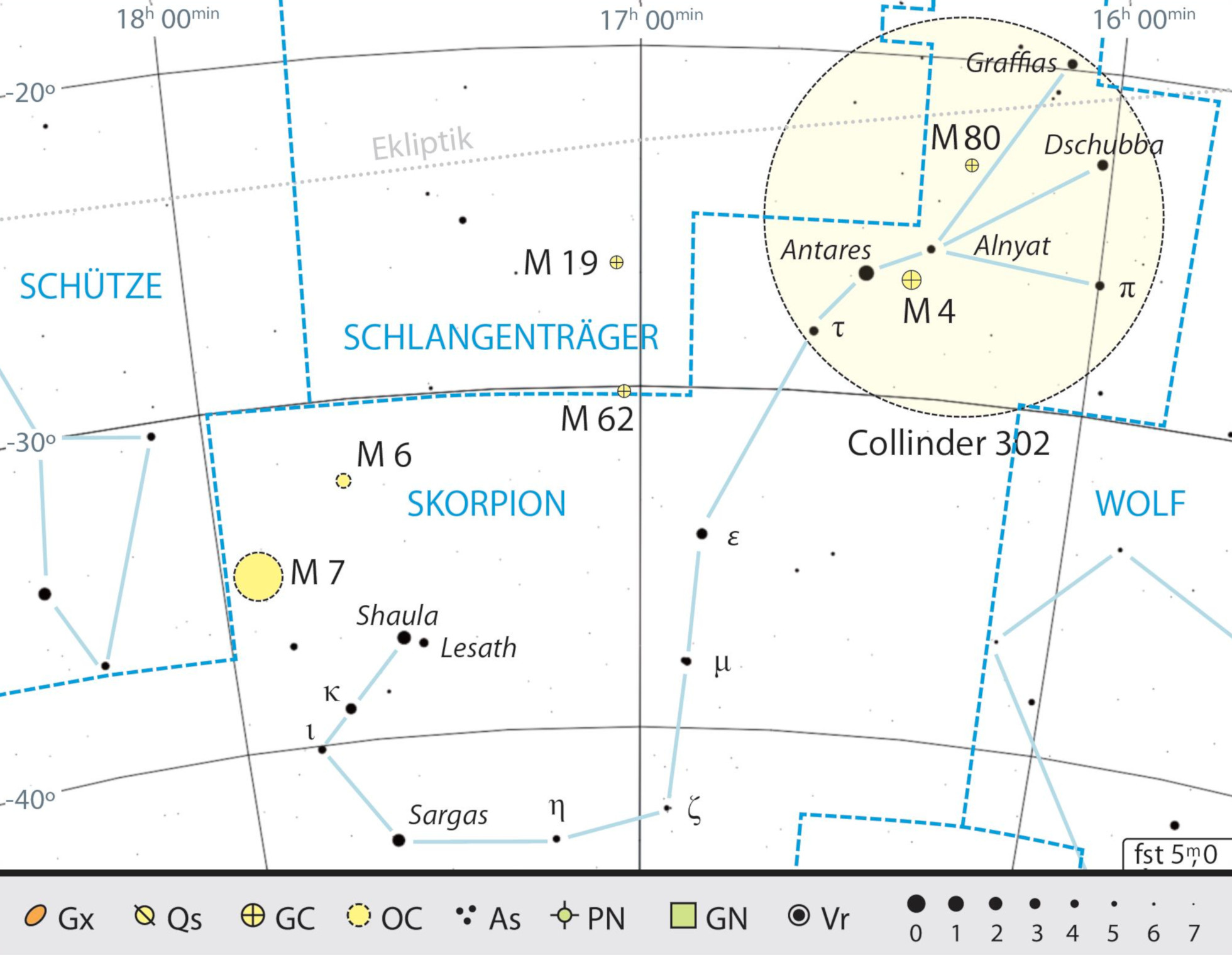 Overview map of the constellation of Scorpius with our observing recommendations, the Antares Cluster is circled in red. Kai v. Schauroth