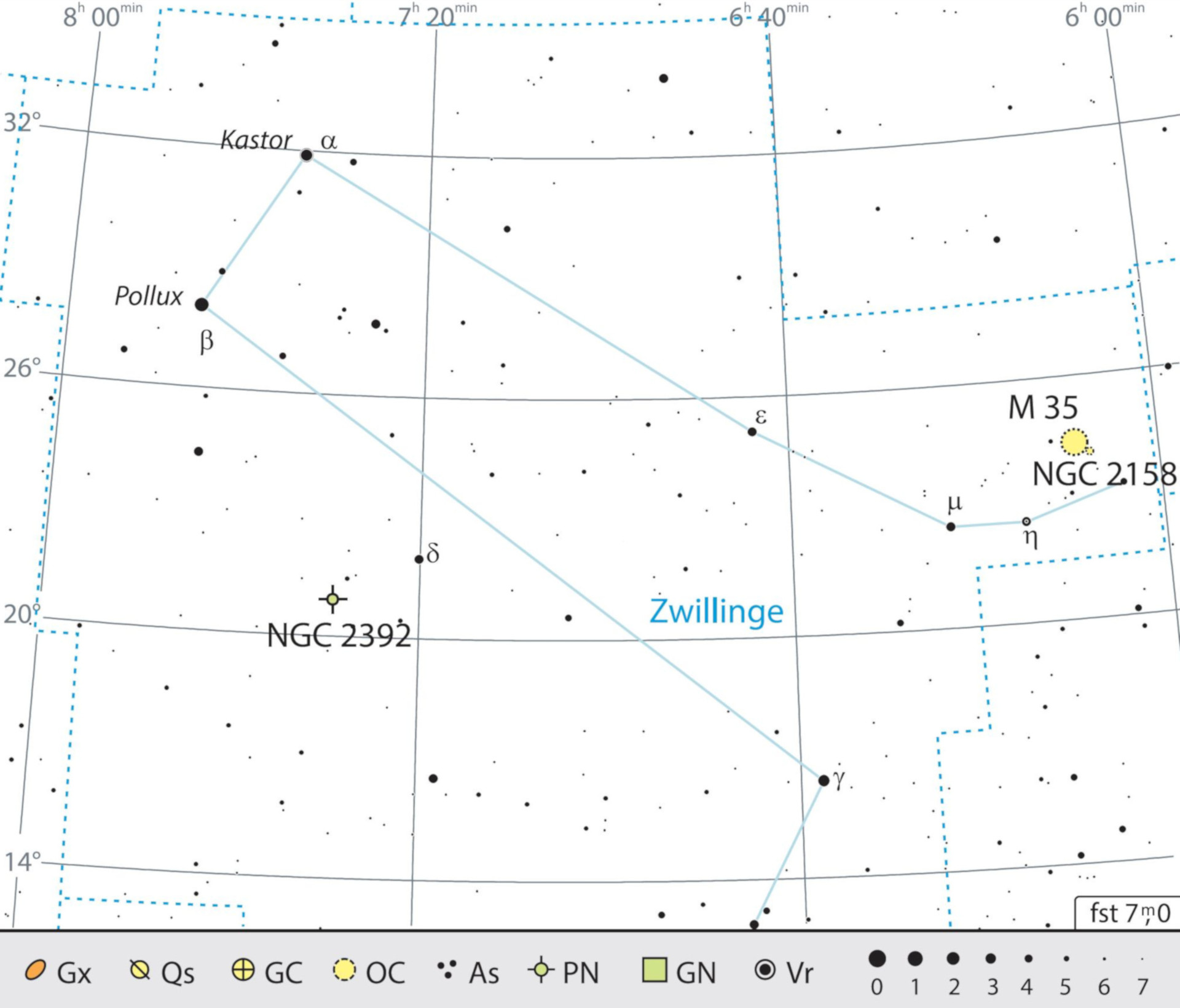 Outline map of the constellation of Gemini with our observing recommendations. J. Scholten