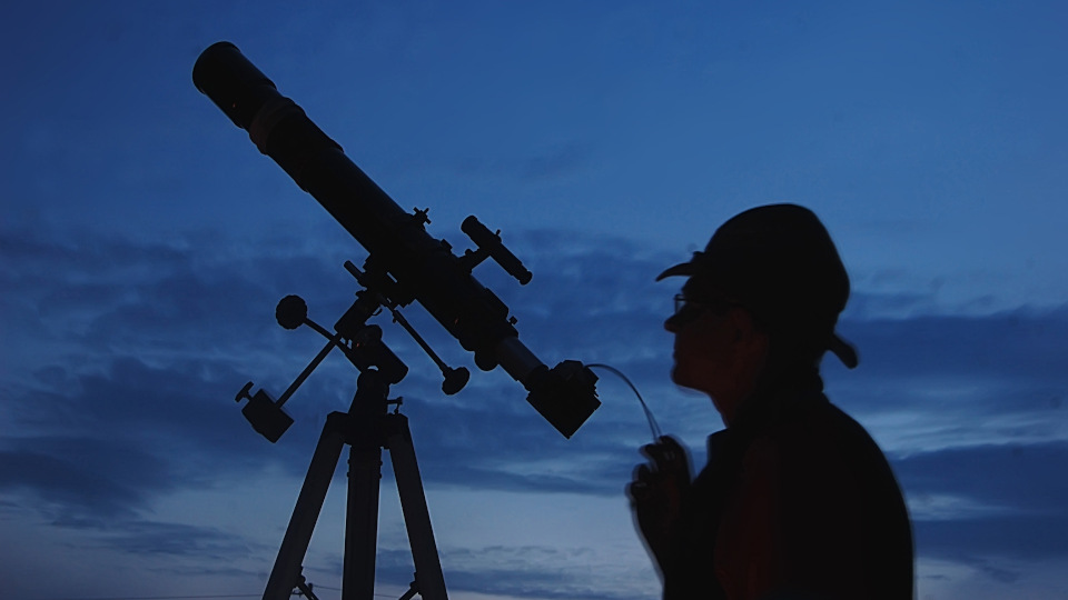 Teleskop Kamera Person Schatten Himmel Blau Dunkel