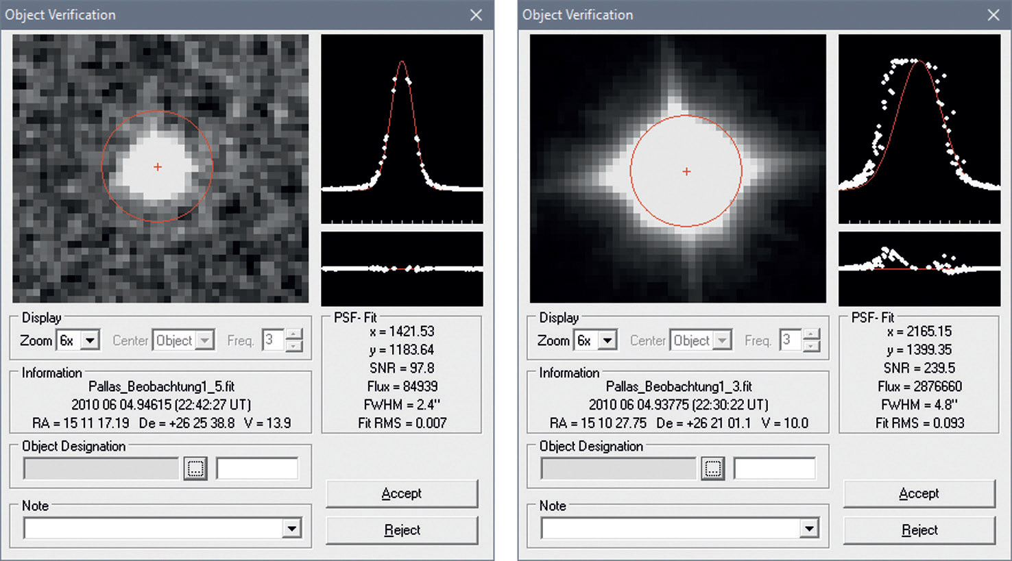 A good position fit of a minor planet on the left and an example on the right that is not optimal due to overexposure. M. Weigand